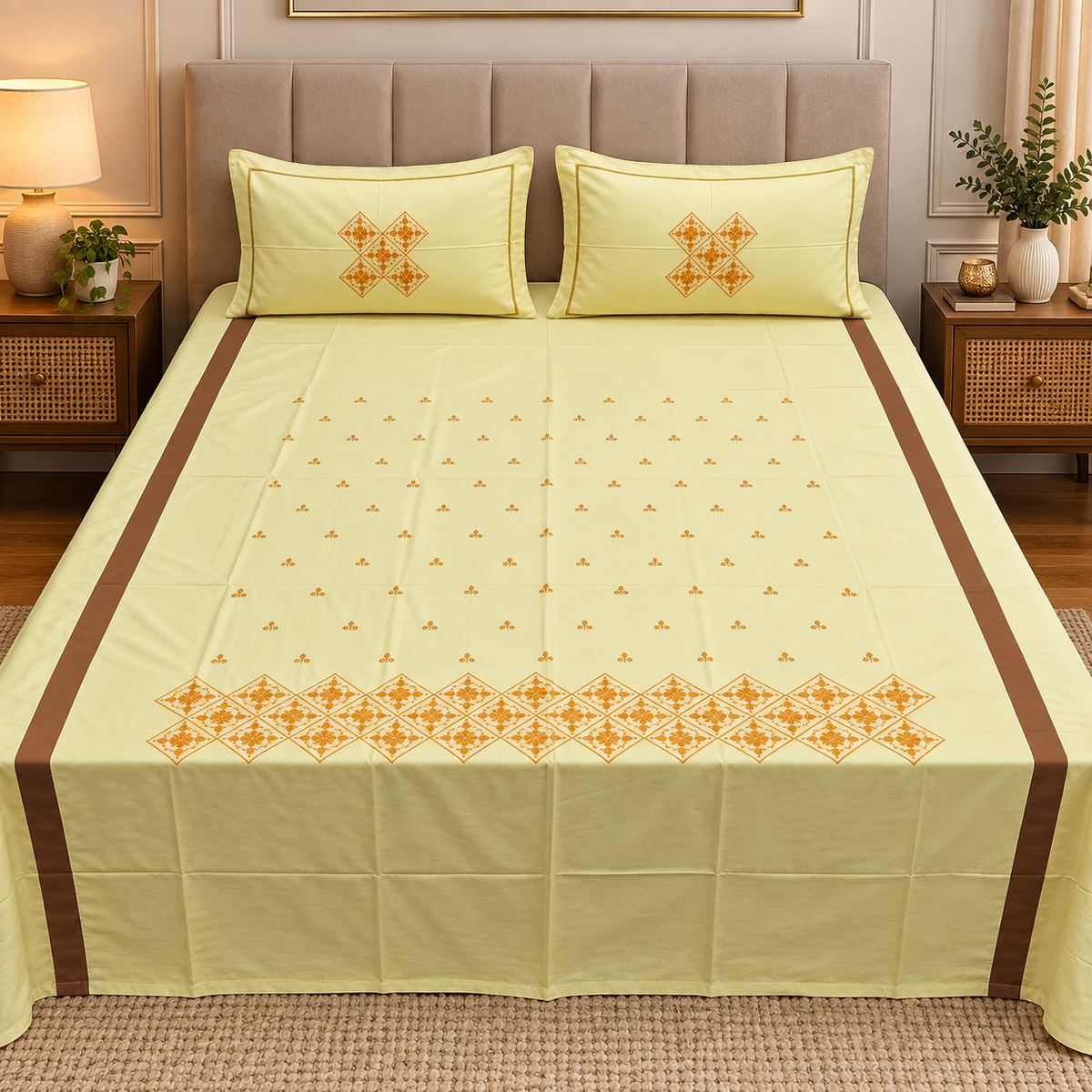 Roselyn Pastel Yellow & Orange Floral Embroidered Pure Cotton King-Size Bedsheet
