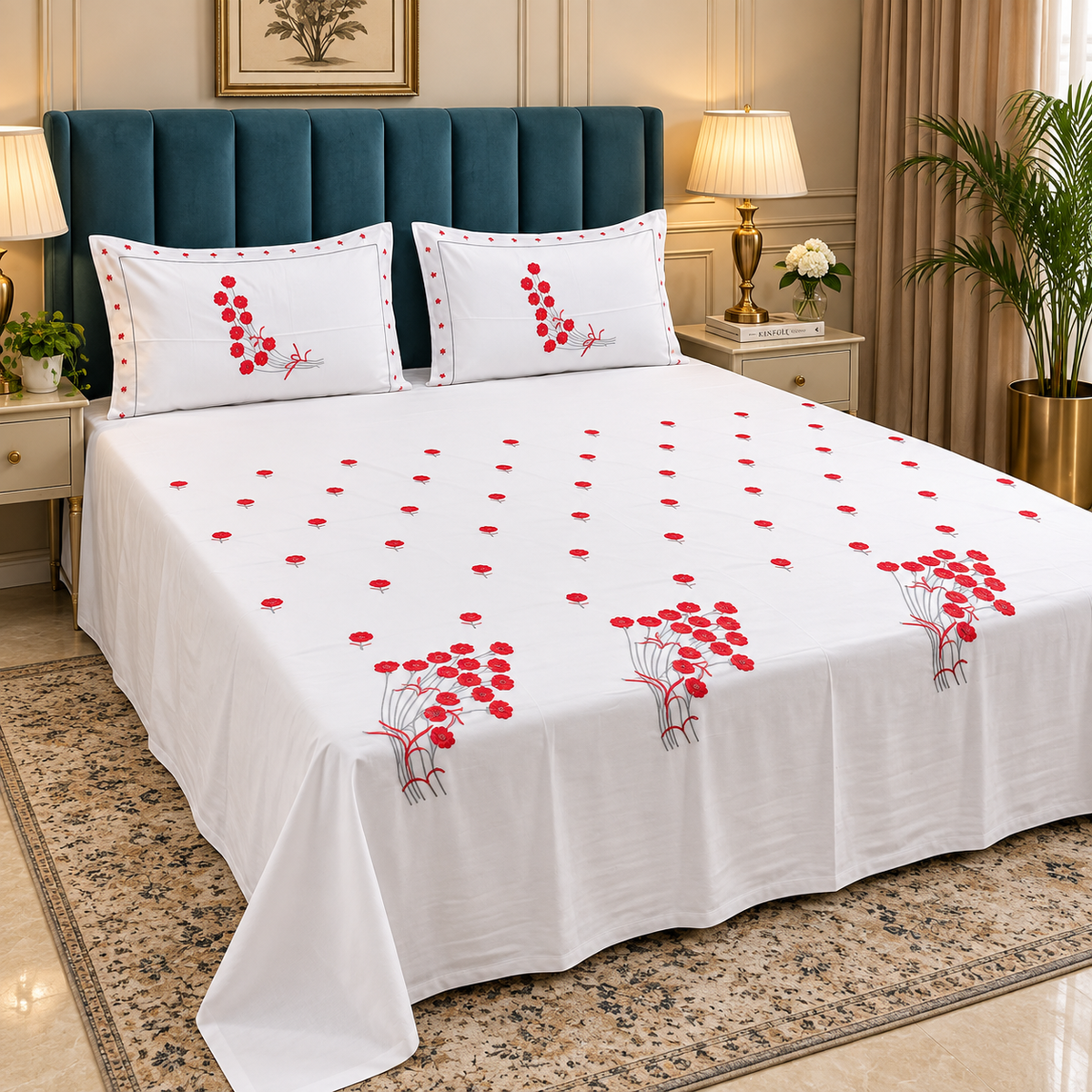 Roselyn White & Red Floral Embroidered Pure Cotton King-Size Bedsheet