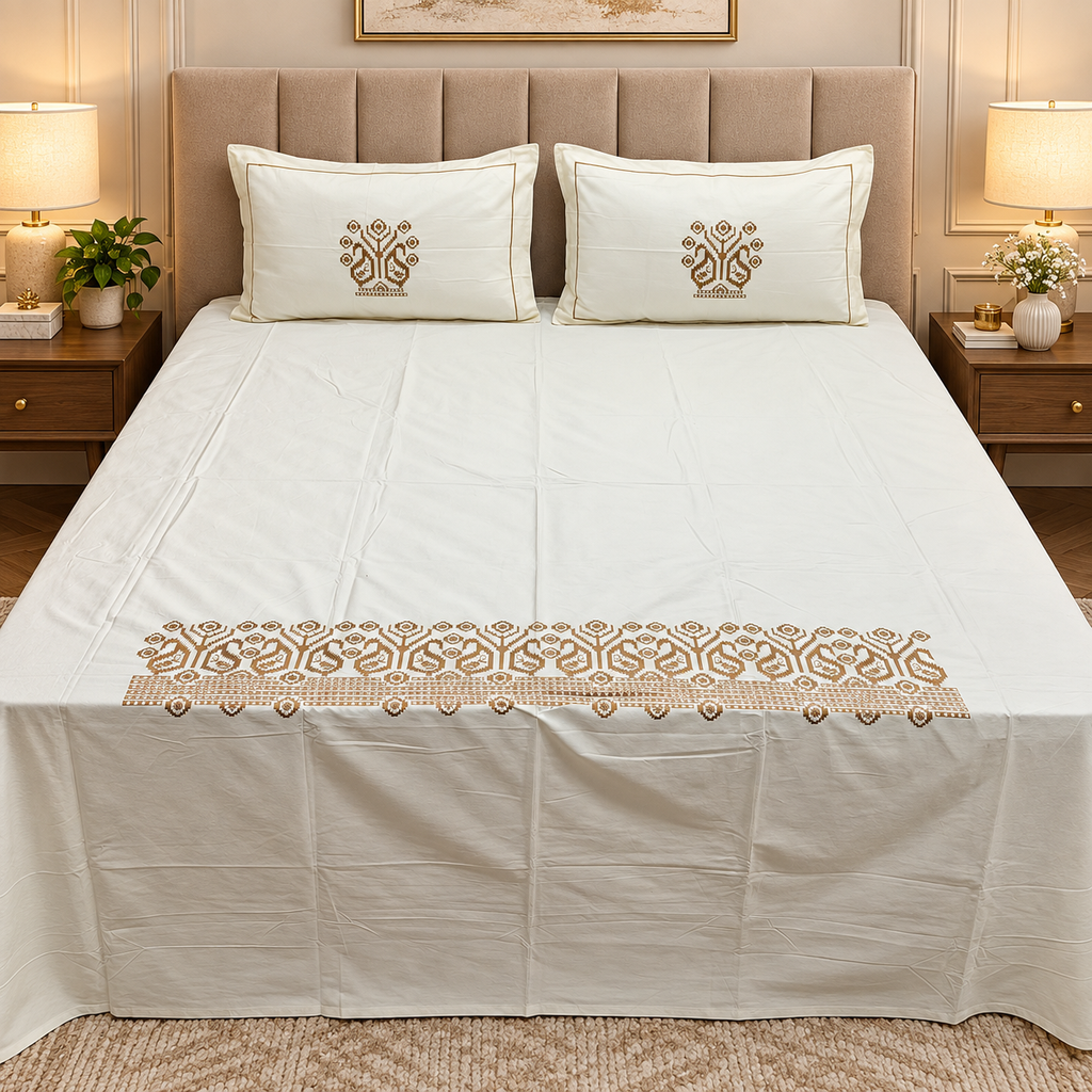 Roselyn Ivory & Golden Floral Embroidered Pure Cotton King-Size Bedsheet