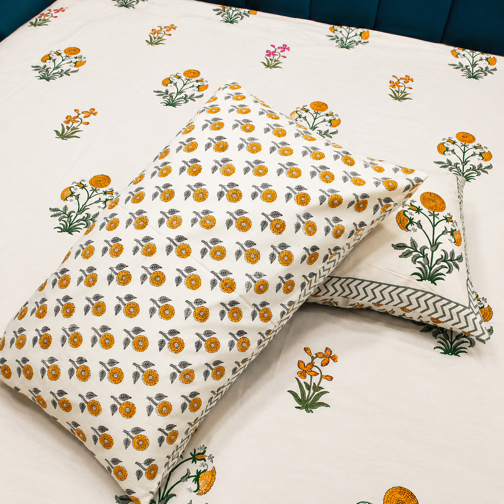 Percale Premium Floral Hand Block Printed Super King-Size Cotton Bedsheet (400TC)