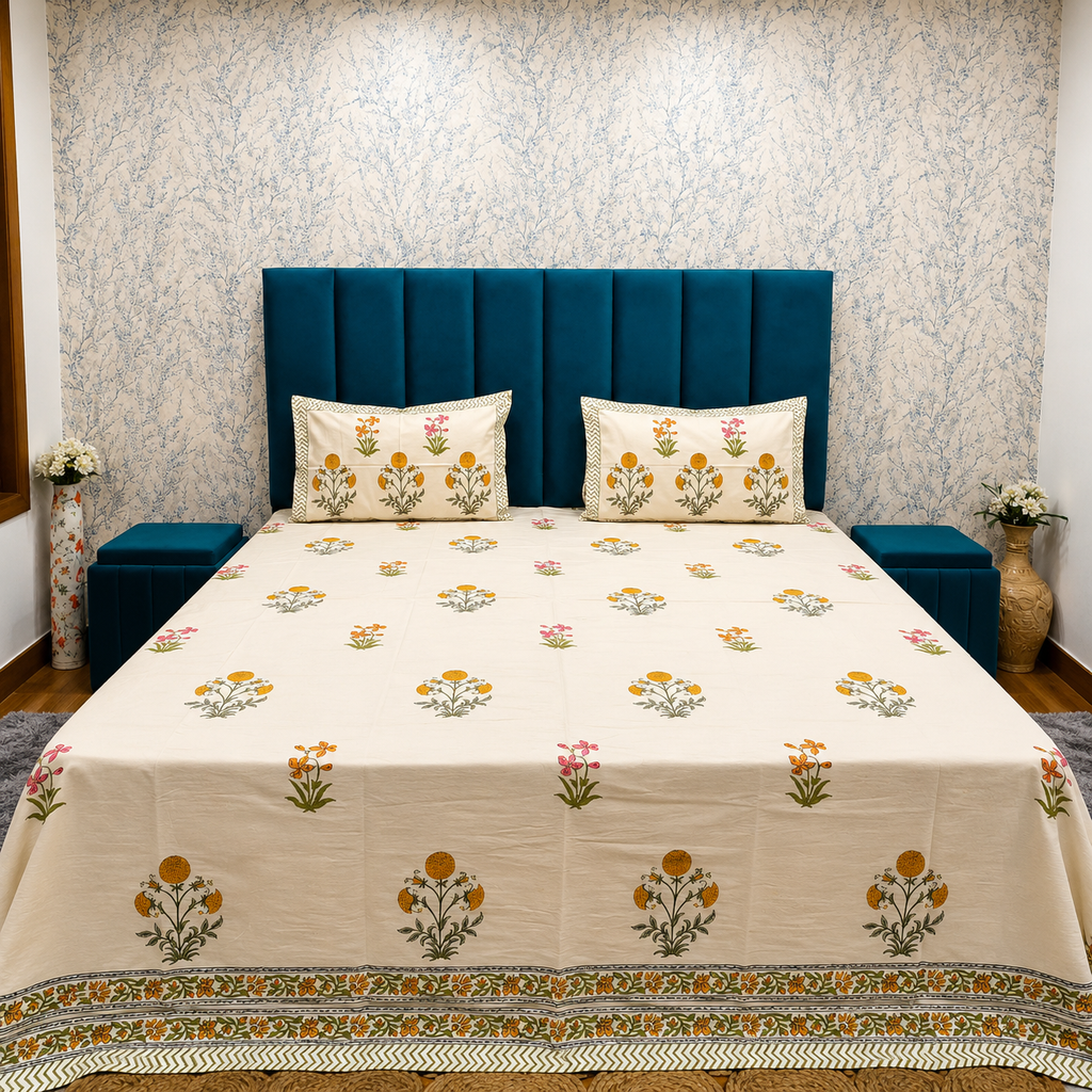 Percale Premium Floral Hand Block Printed Super King-Size Cotton Bedsheet (400TC)