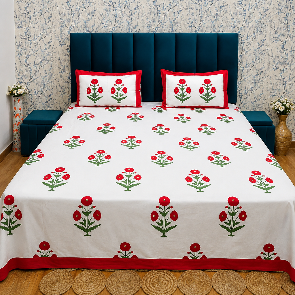 Percale Premium Floral Hand Block Printed Super King-Size Cotton Bedsheet (400TC)