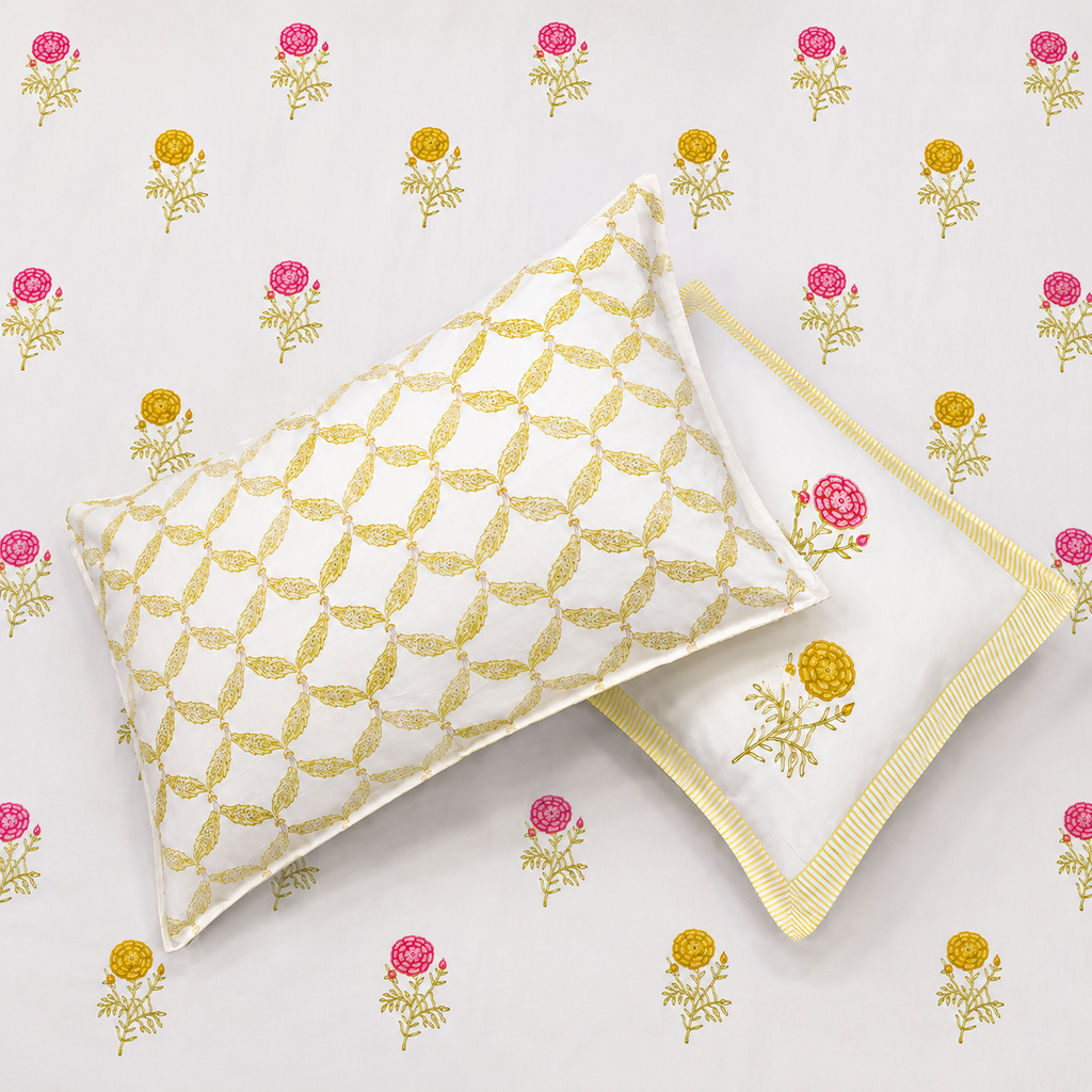 Percale Premium Floral Hand Block Printed Super King-Size Cotton Bedsheet (400TC)