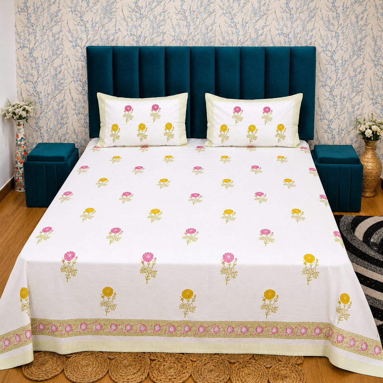 Percale Premium Floral Hand Block Printed Super King-Size Cotton Bedsheet (400TC)