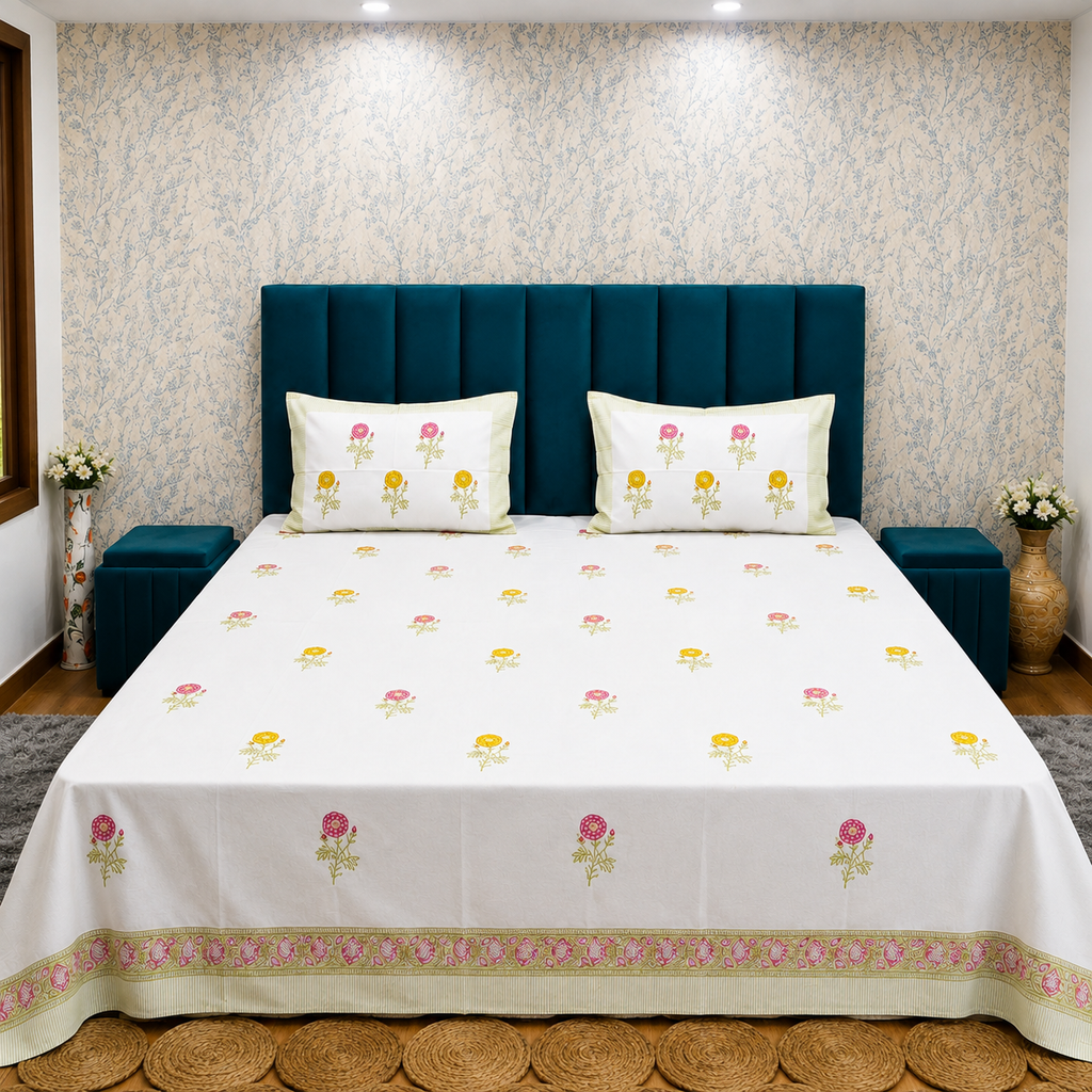 Percale Premium Floral Hand Block Printed Super King-Size Cotton Bedsheet (400TC)