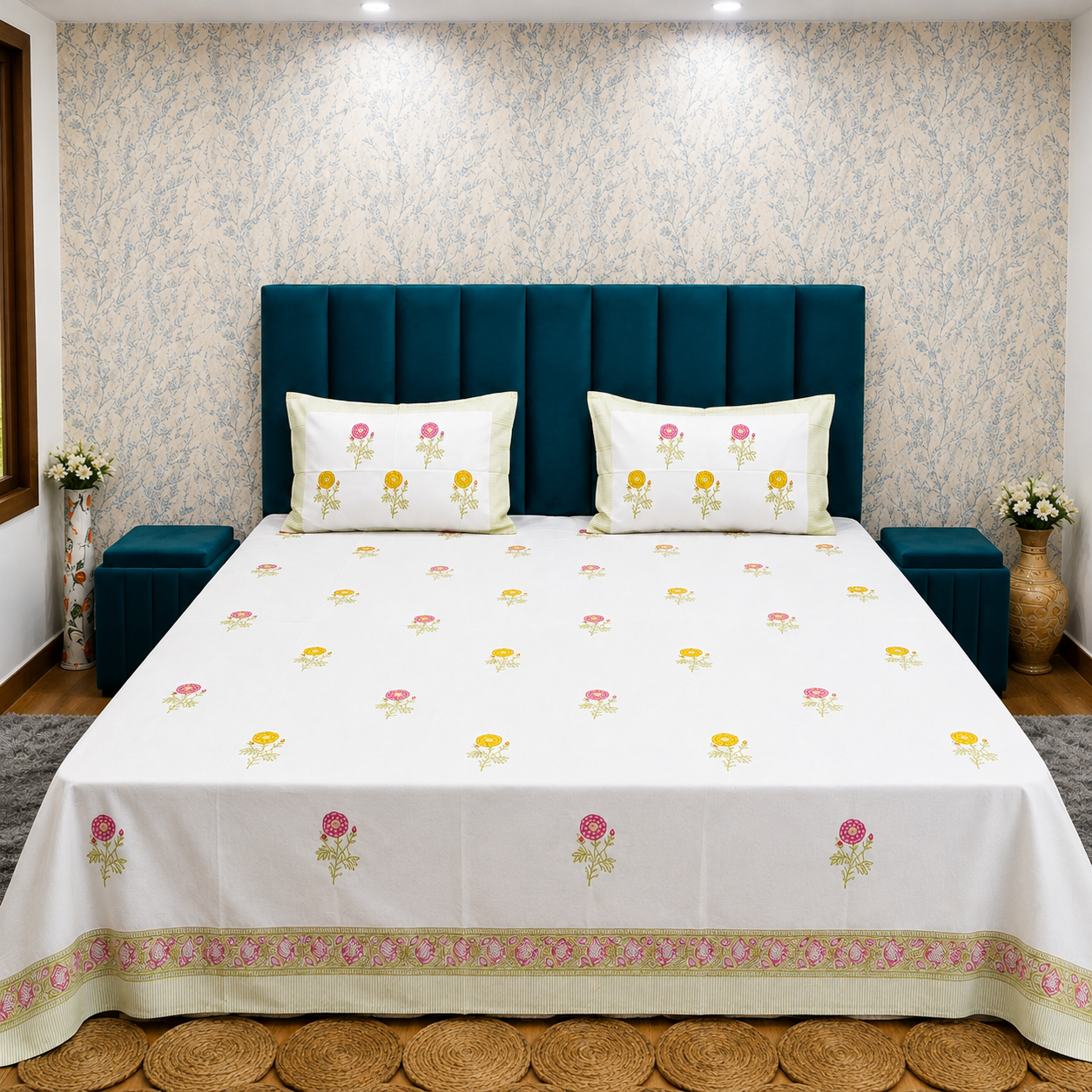 Percale Premium Floral Hand Block Printed Super King-Size Cotton Bedsheet (400TC)