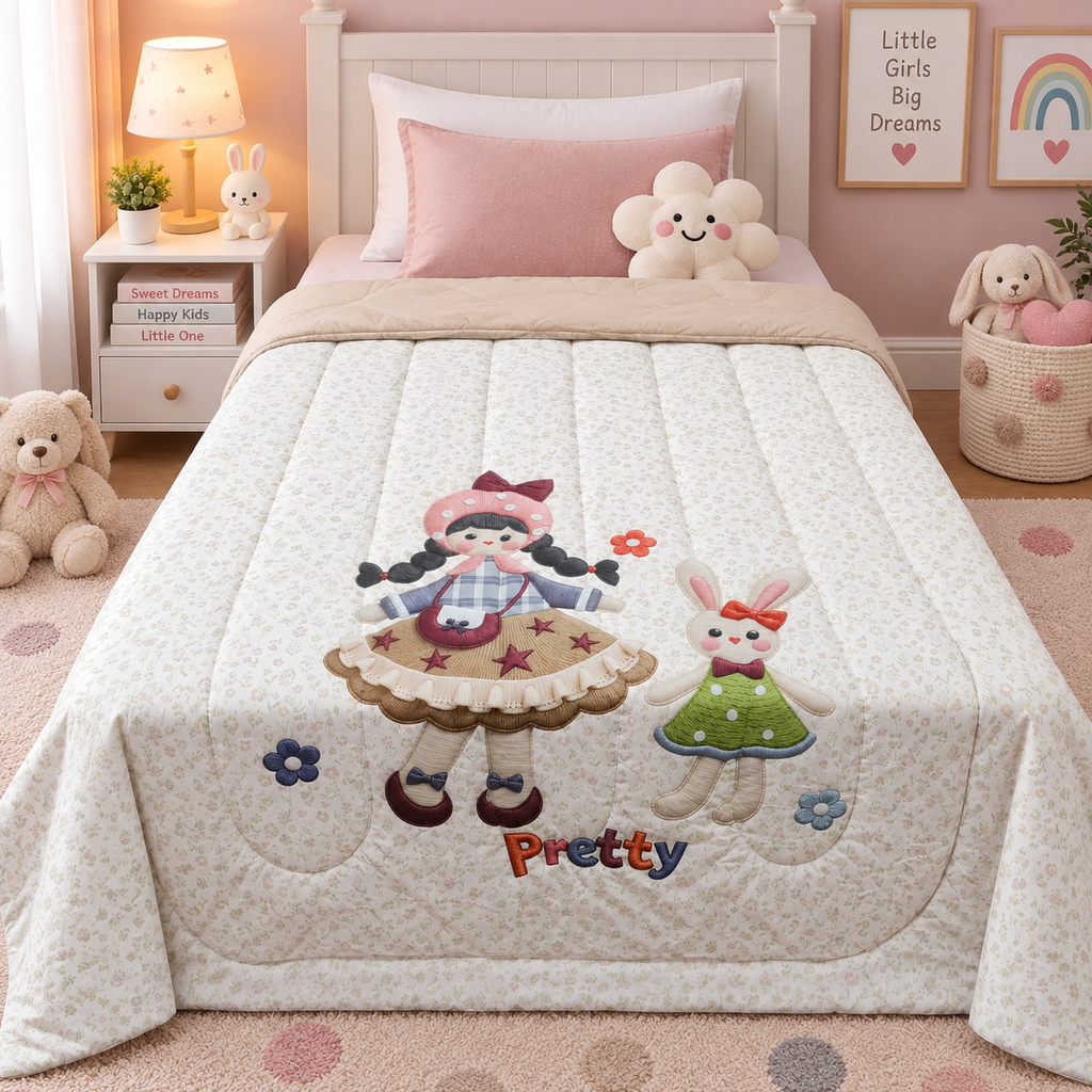 Giigle Kids Pretty Doll & Bunny Printed Imported Cotton Comforter
