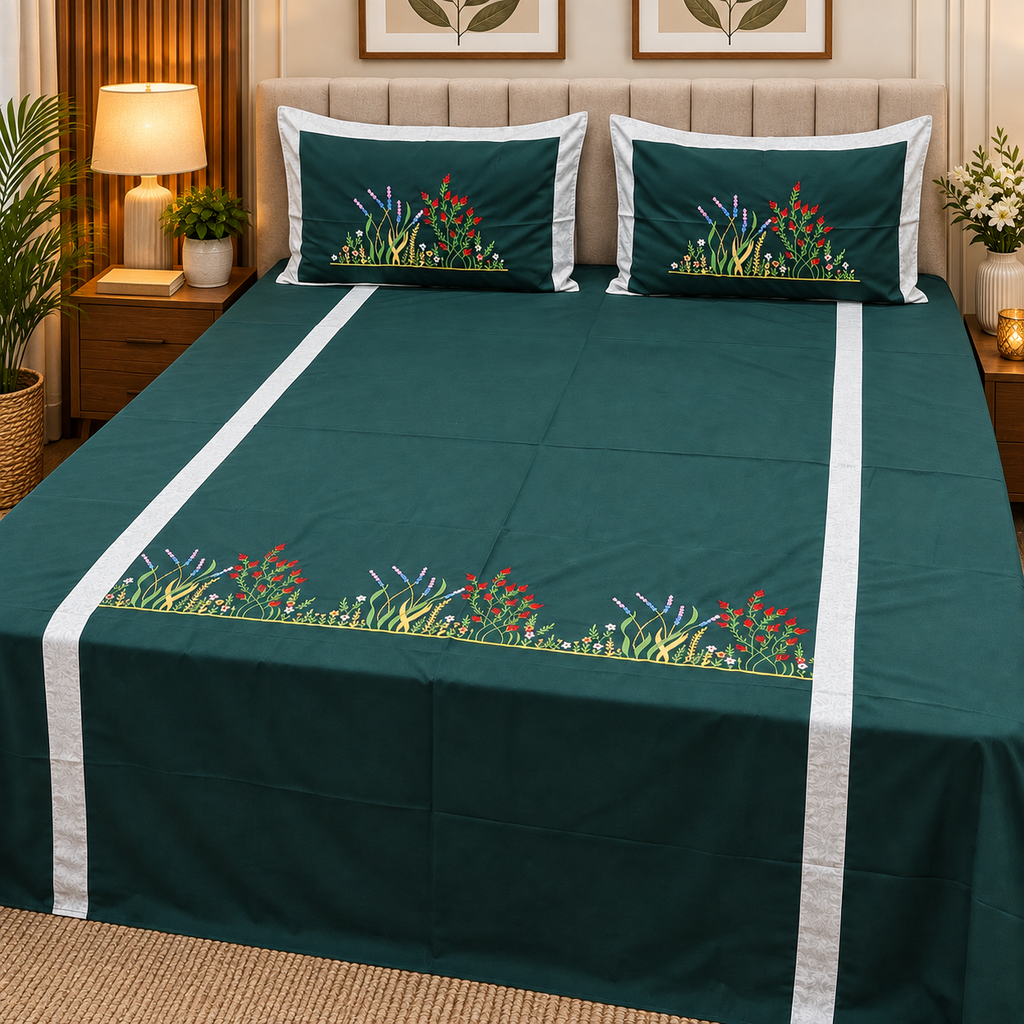 Roselyn Teal Blue & Multicolor Floral Embroidered Pure Cotton King-Size Bedsheet
