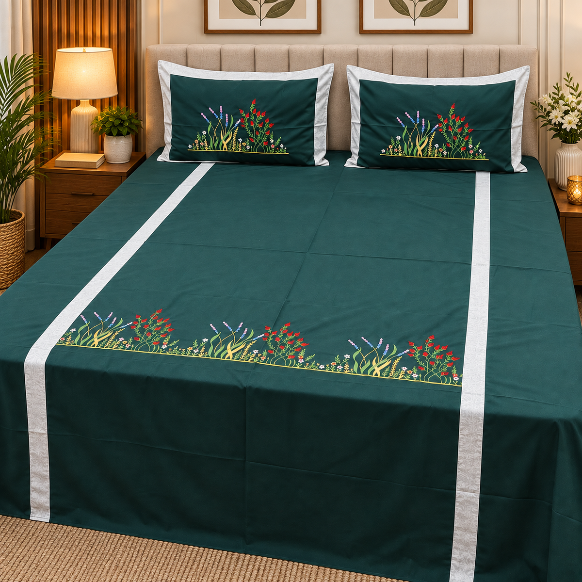 Roselyn Teal Blue & Multicolor Floral Embroidered Pure Cotton King-Size Bedsheet