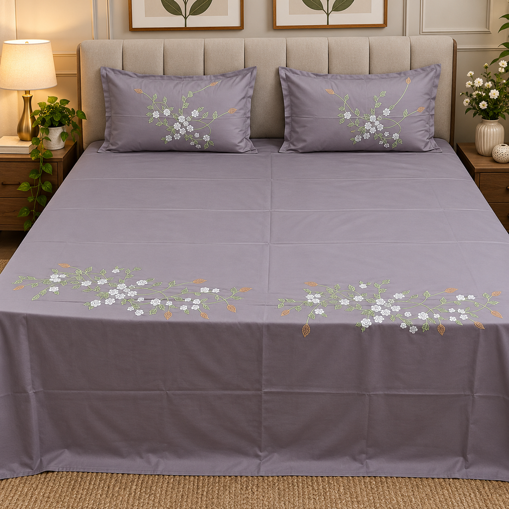 Roselyn Lavender Grey & Multicolor Floral Embroidered Pure Cotton King-Size Bedsheet