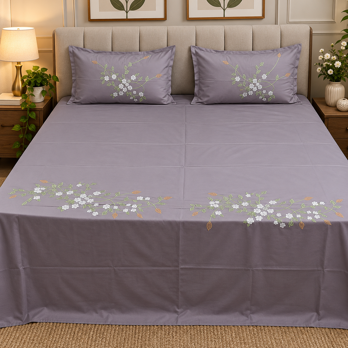 Roselyn Lavender Grey & Multicolor Floral Embroidered Pure Cotton King-Size Bedsheet