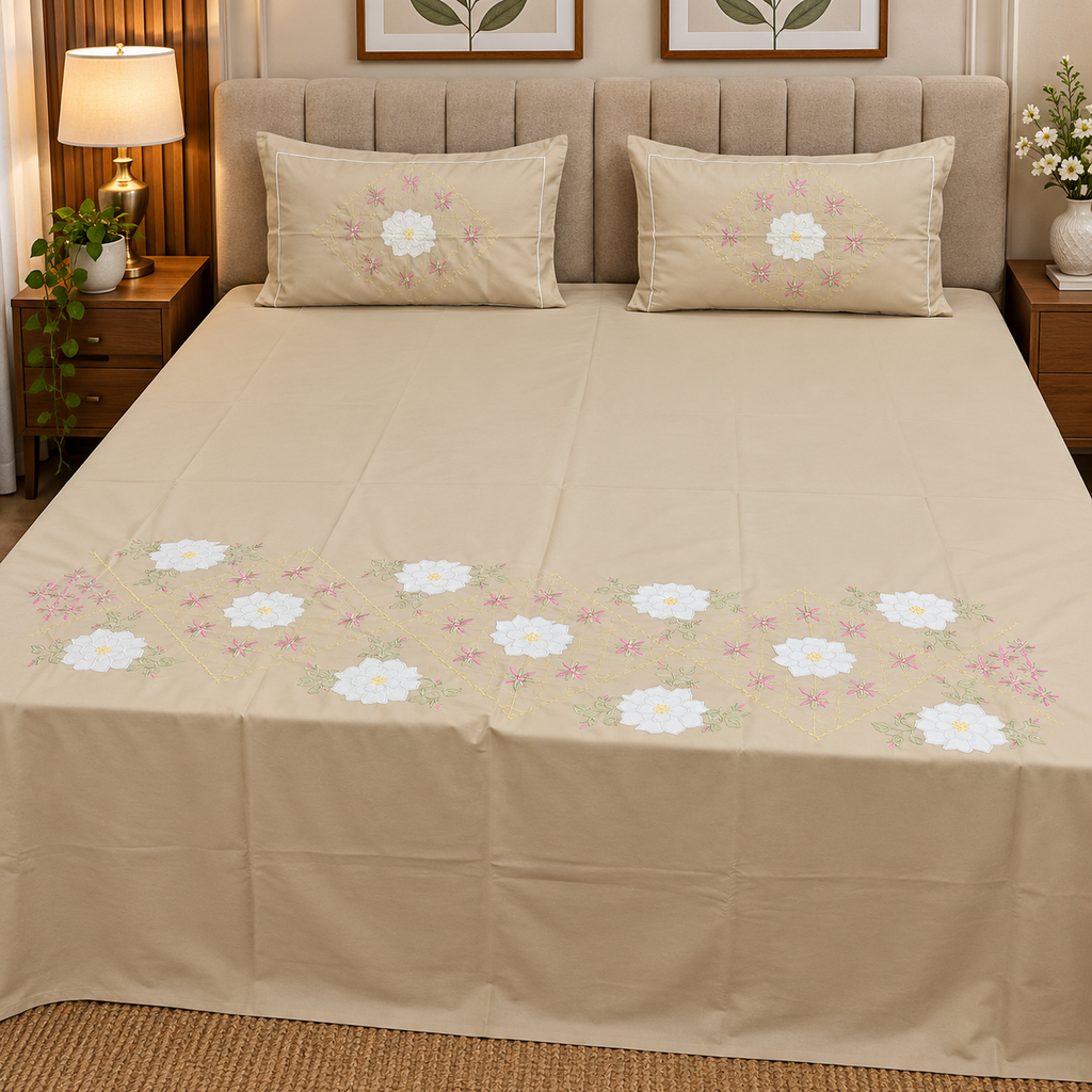 Roselyn Beige & White Floral Embroidered Pure Cotton King-Size Bedsheet