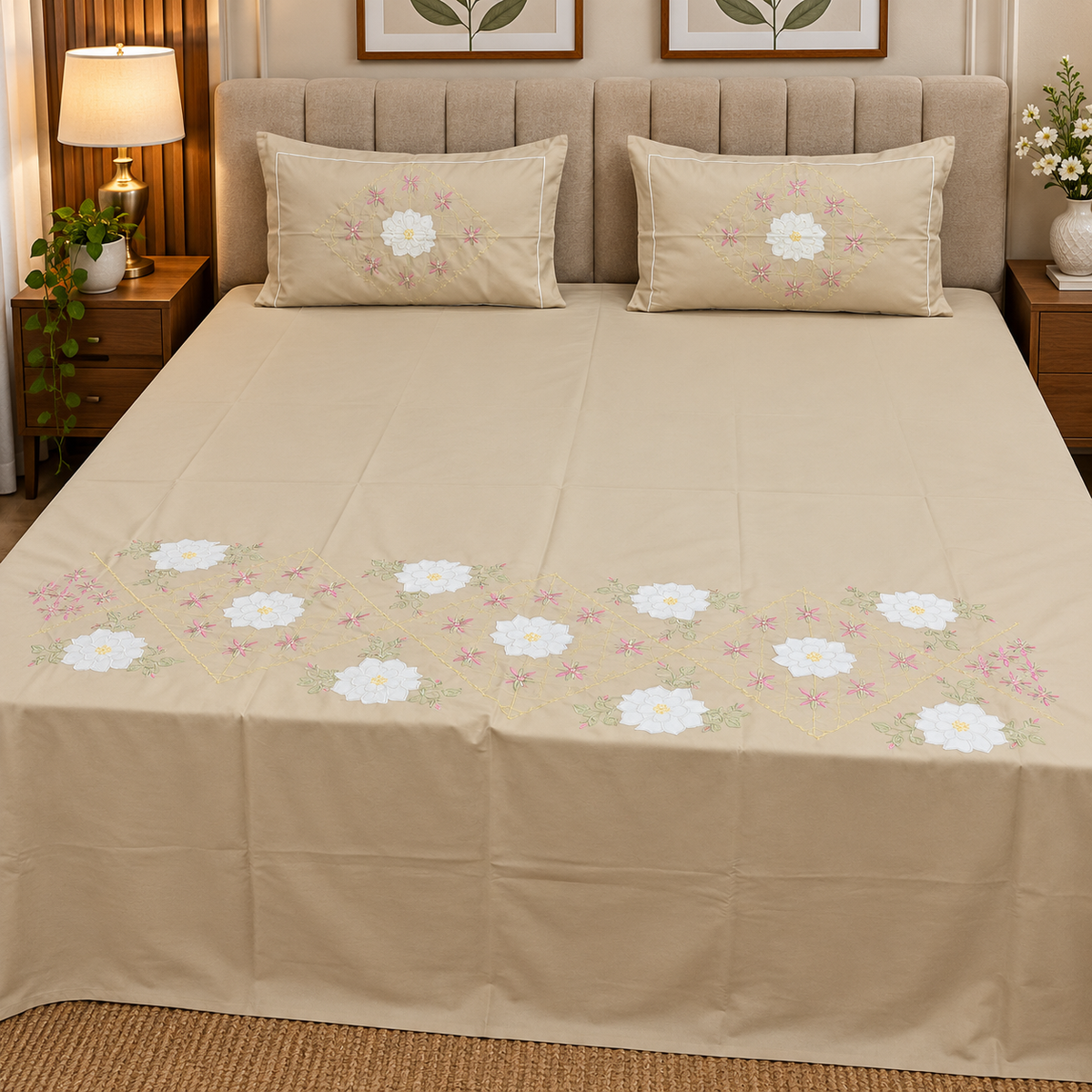 Roselyn Beige & White Floral Embroidered Pure Cotton King-Size Bedsheet