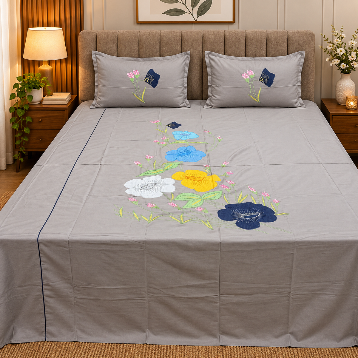 Roselyn Grey & Multicolor Floral Embroidered Pure Cotton King-Size Bedsheet