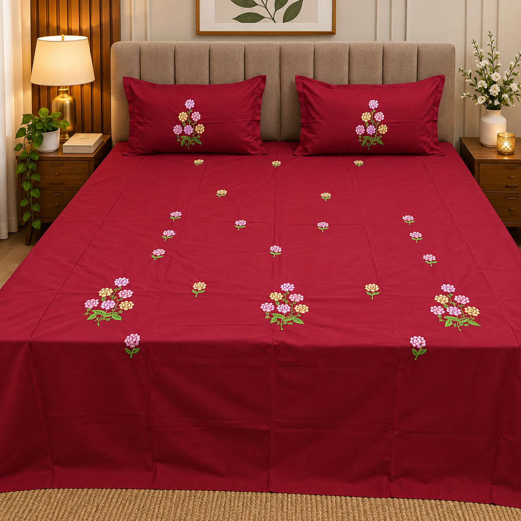 Roselyn Wine Red & Multicolor Floral Embroidered Pure Cotton King-Size Bedsheet