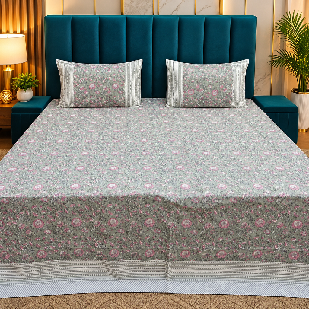 Percale Premium Sage Green & Pink Floral Hand Block Printed Super King-Size Cotton Bedsheet (300TC)