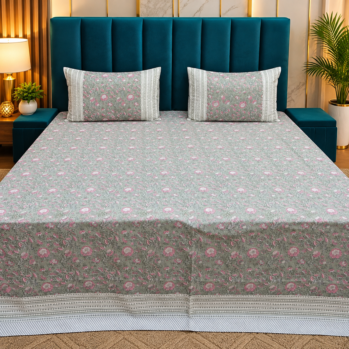 Percale Premium Sage Green & Pink Floral Hand Block Printed Super King-Size Cotton Bedsheet (300TC)