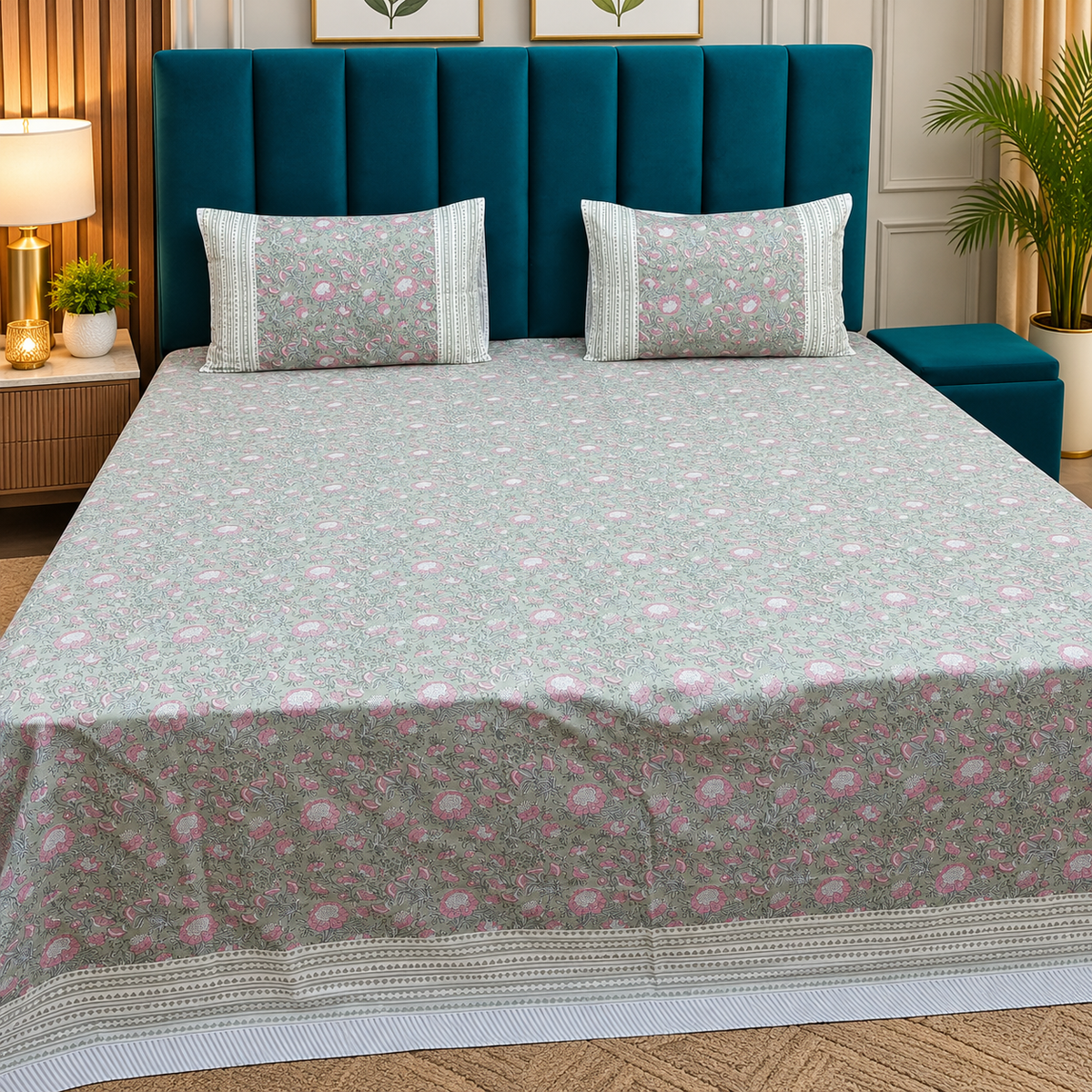 Percale Premium Sage Green & Pink Floral Hand Block Printed Super King-Size Cotton Bedsheet (300TC)