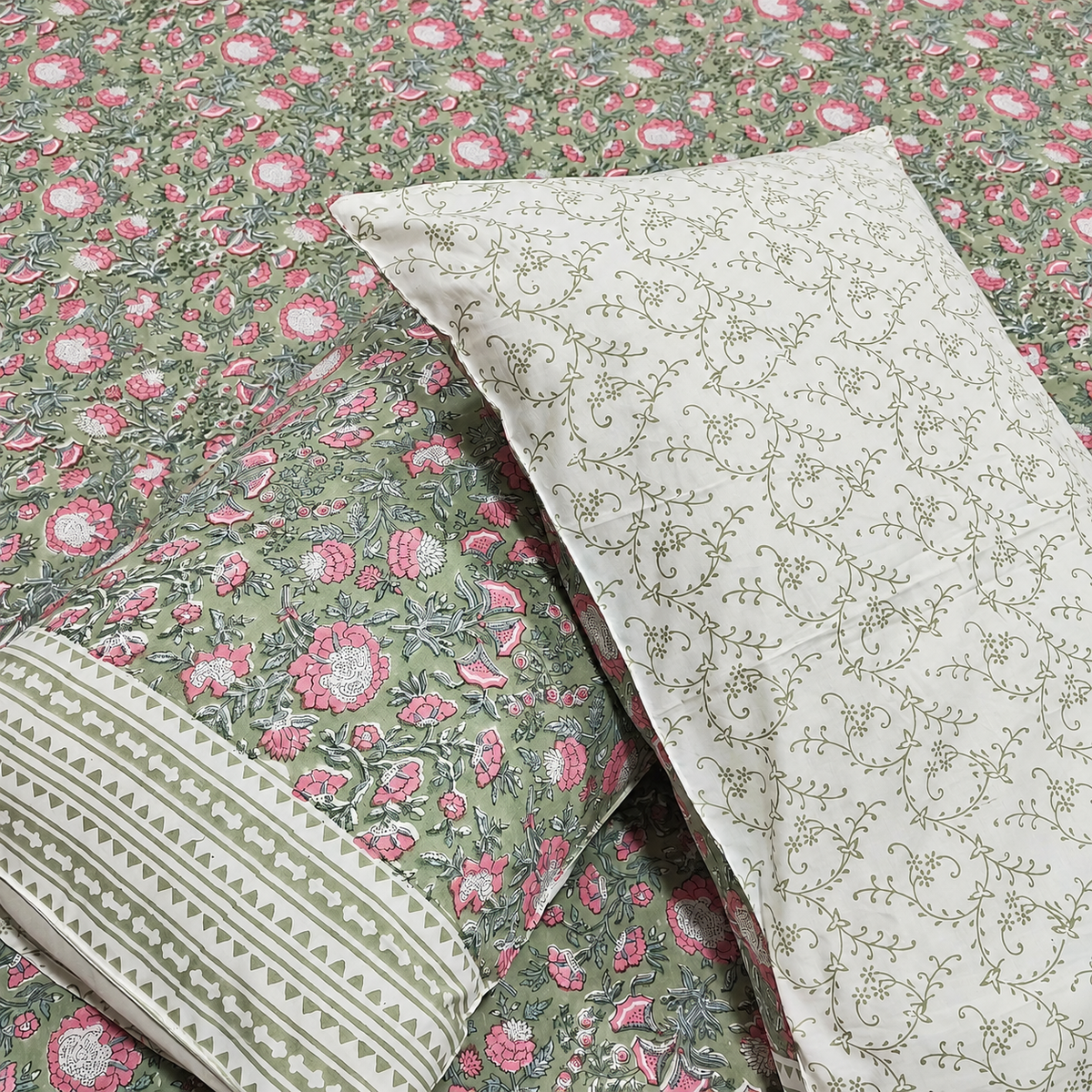 Percale Premium Sage Green & Pink Floral Hand Block Printed Super King-Size Cotton Bedsheet (300TC)