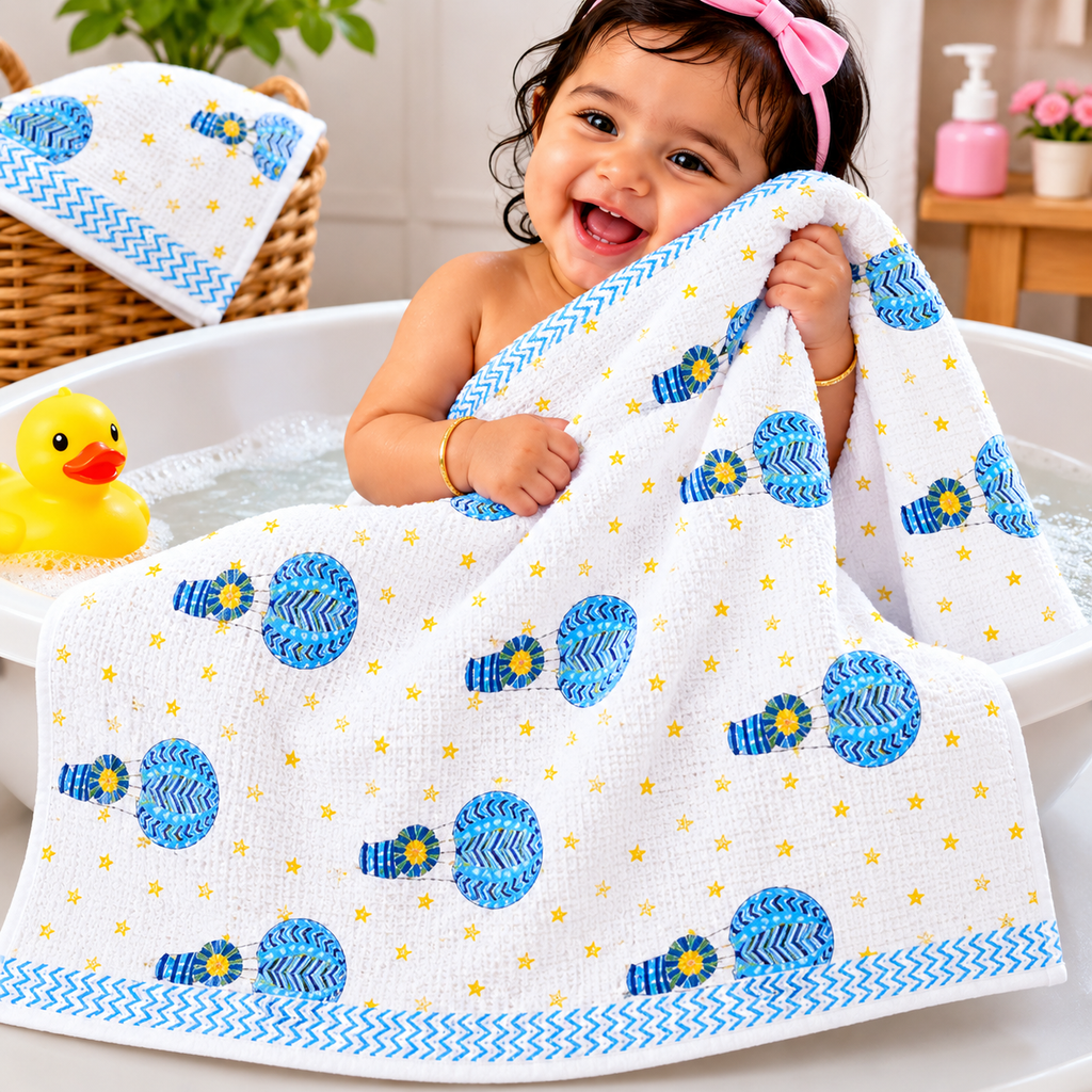 Kids Zone Waffle Printed Pure Cotton Bath & Hand Towels