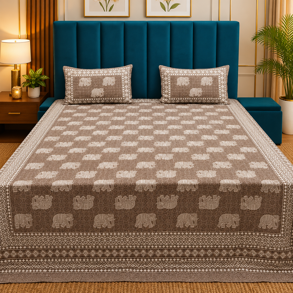 Royal Rajasthani Premium Brown & Ivory Elephant Printed King Size Bedsheet Set