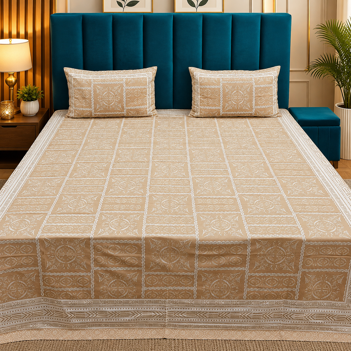 Royal Rajasthani Premium Beige & Ivory Geometric Printed King Size Bedsheet Set