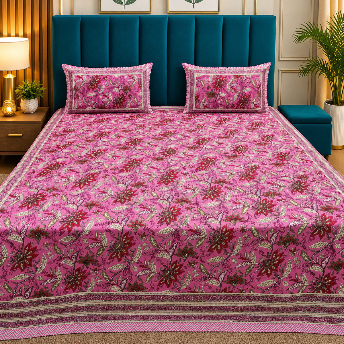 Royal Rajasthani Premium Pink & Maroon Floral Printed King Size Bedsheet Set