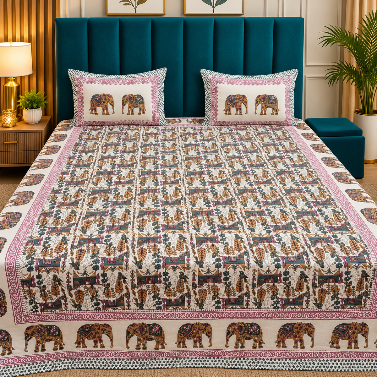 Royal Rajasthani Premium White & Multicolor Elephant Printed King Size Bedsheet Set