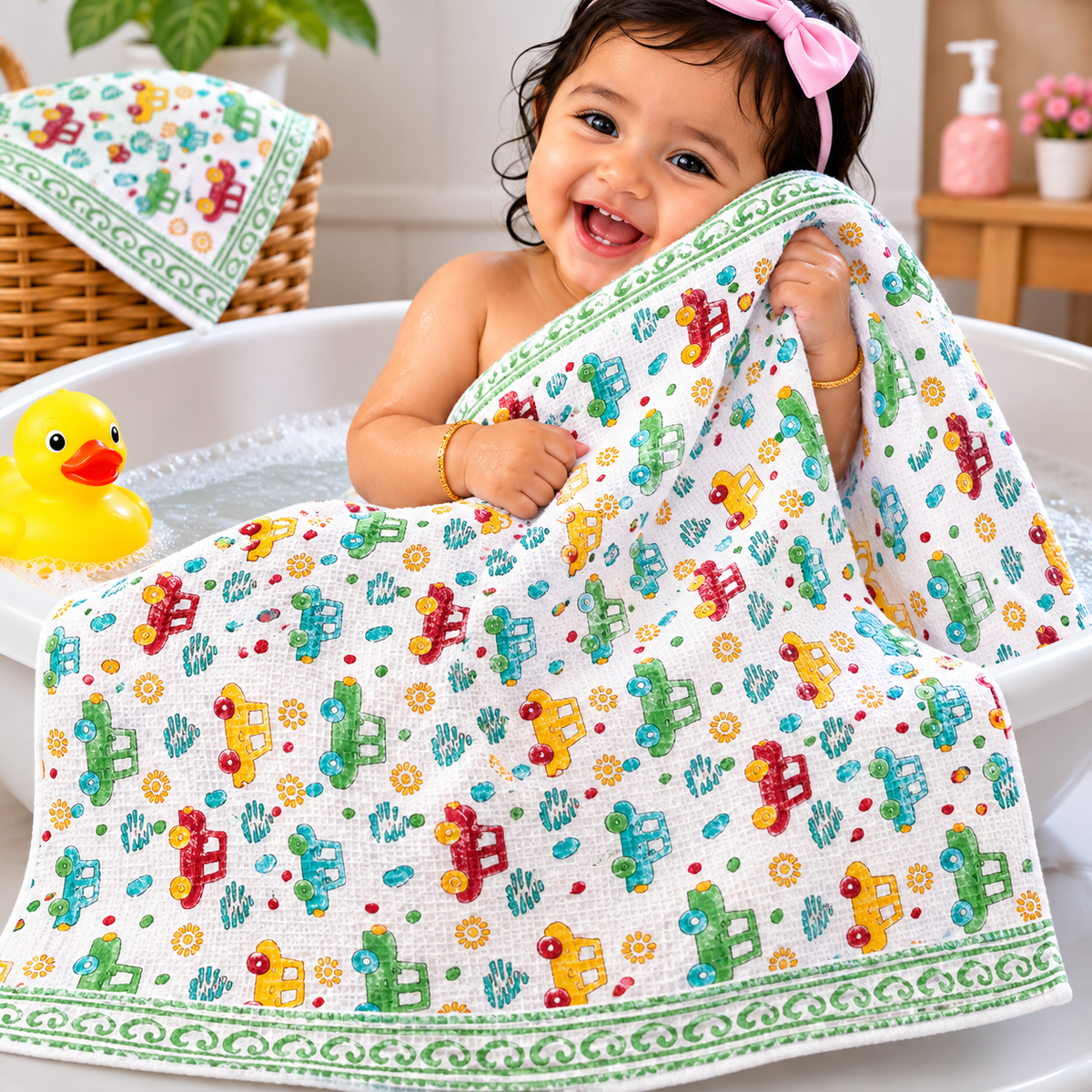 Kids Zone Waffle Printed Pure Cotton Bath & Hand Towels