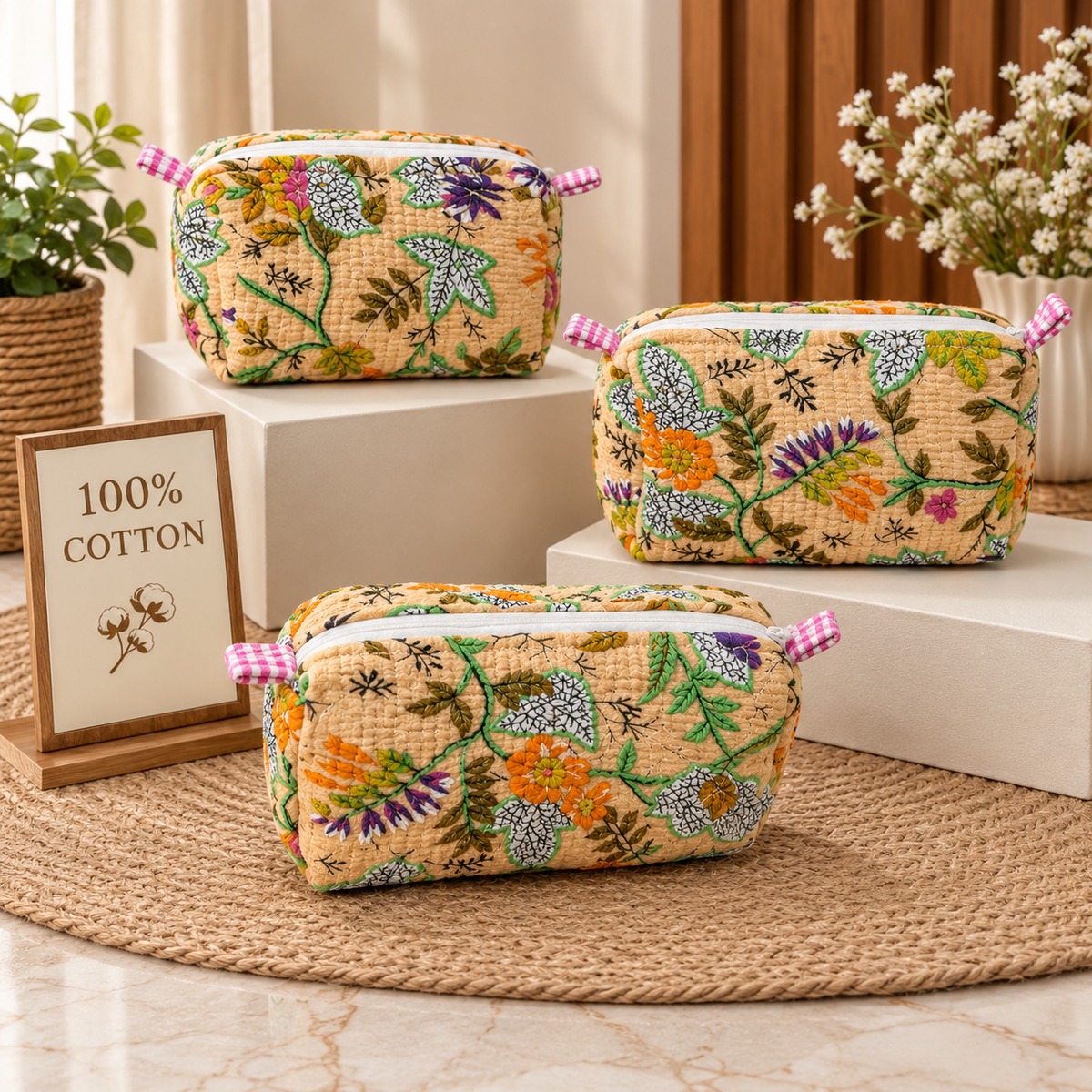 Floral Handcrafted Pure Cotton Quilted Pouches Set