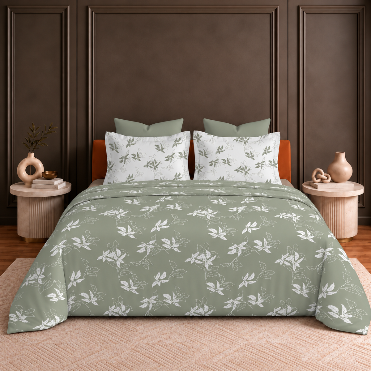 Hermitage Premium Sage Green & Ivory Floral Printed Pure Cotton King Size Bedsheet Set