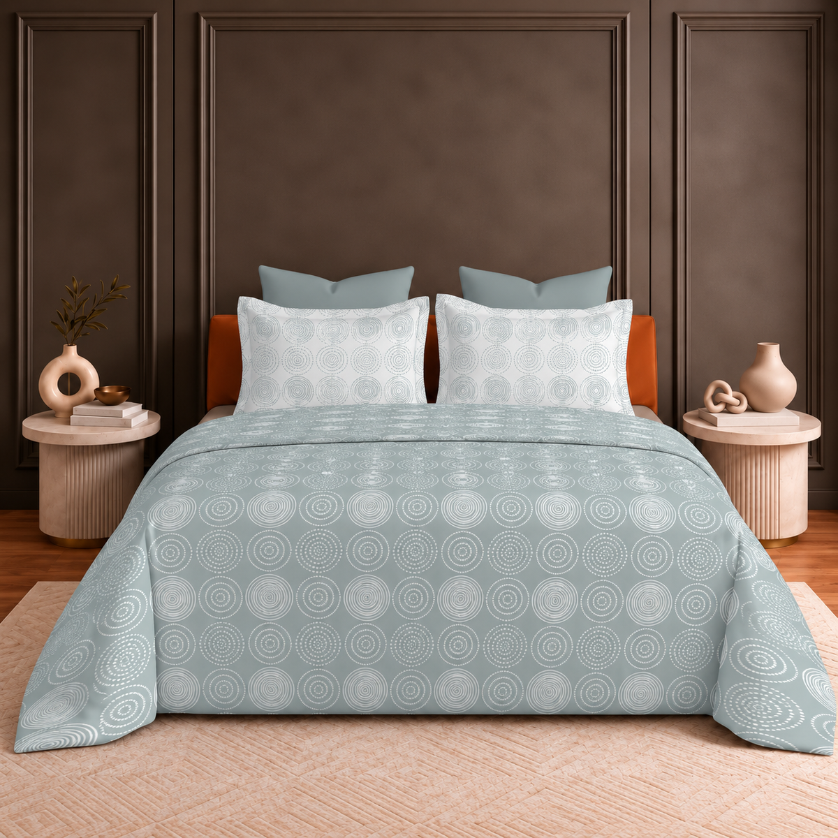 Hermitage Premium Sage Blue & Ivory Circular Print Pure Cotton King Size Bedsheet Set