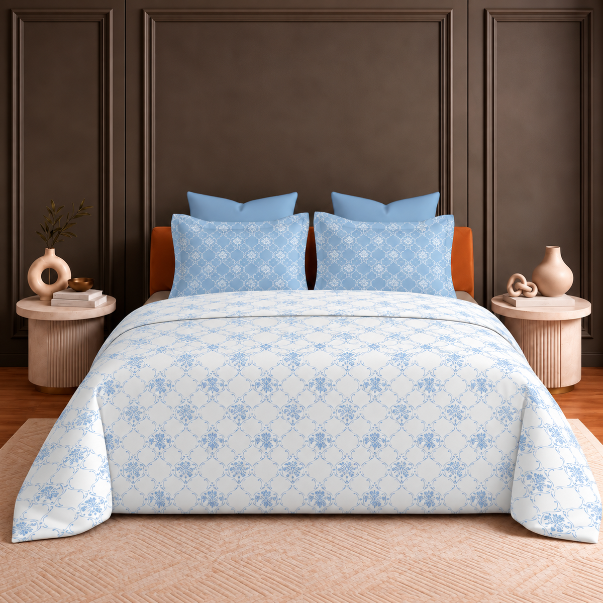 Hermitage Premium Sky Blue & Ivory Floral Damask Printed Pure Cotton King Size Bedsheet Set