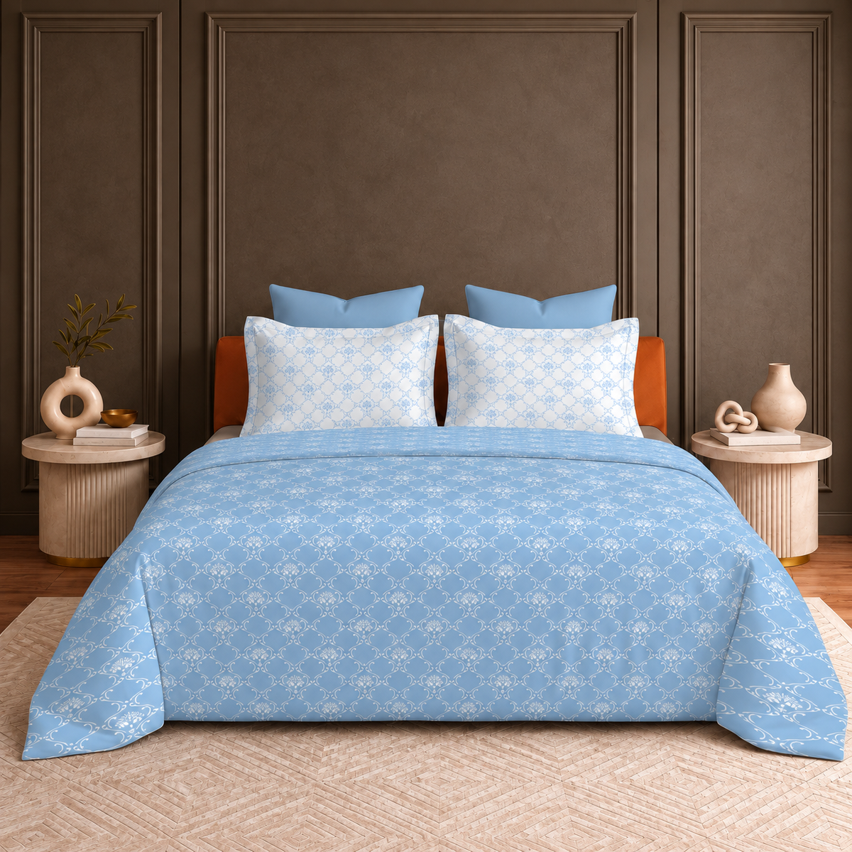 Hermitage Premium Powder Blue & Ivory Floral Geometric Printed Pure Cotton King Size Bedsheet Set