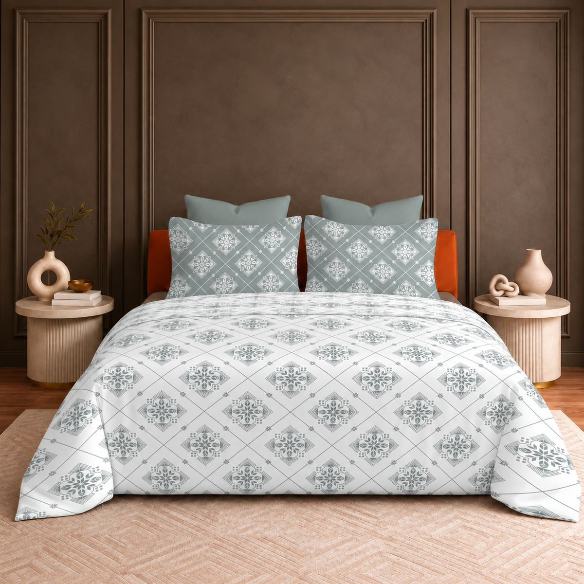 Hermitage Premium Ivory & Grey Floral Geometric Printed Pure Cotton King Size Bedsheet Set