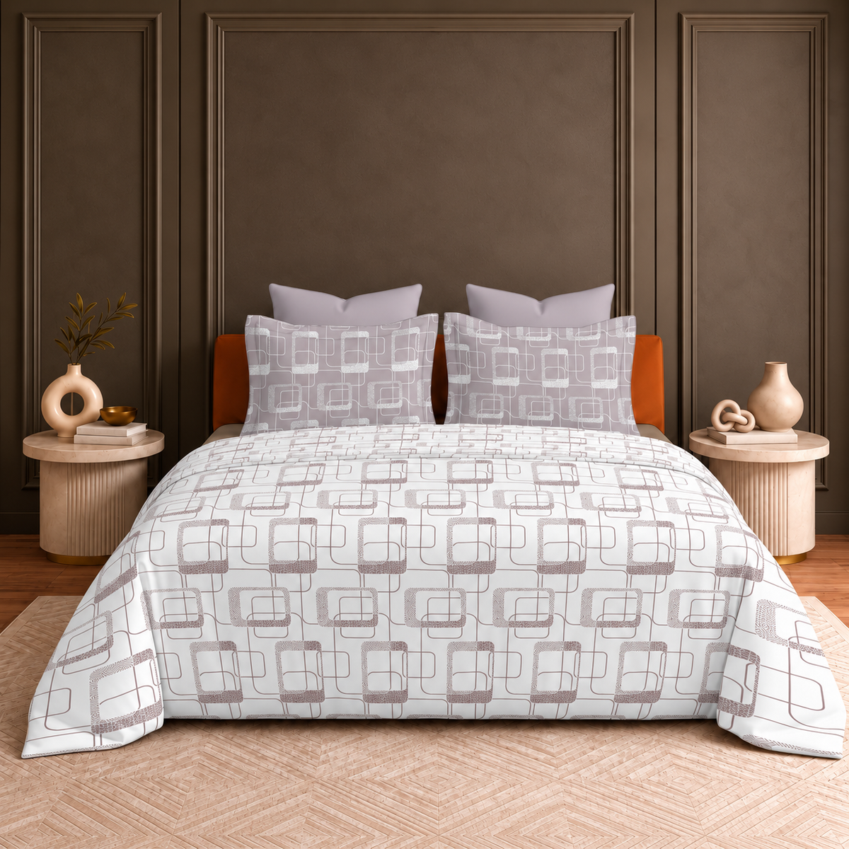 Hermitage Premium Ivory & Taupe Geometric Printed Pure Cotton King Size Bedsheet Set