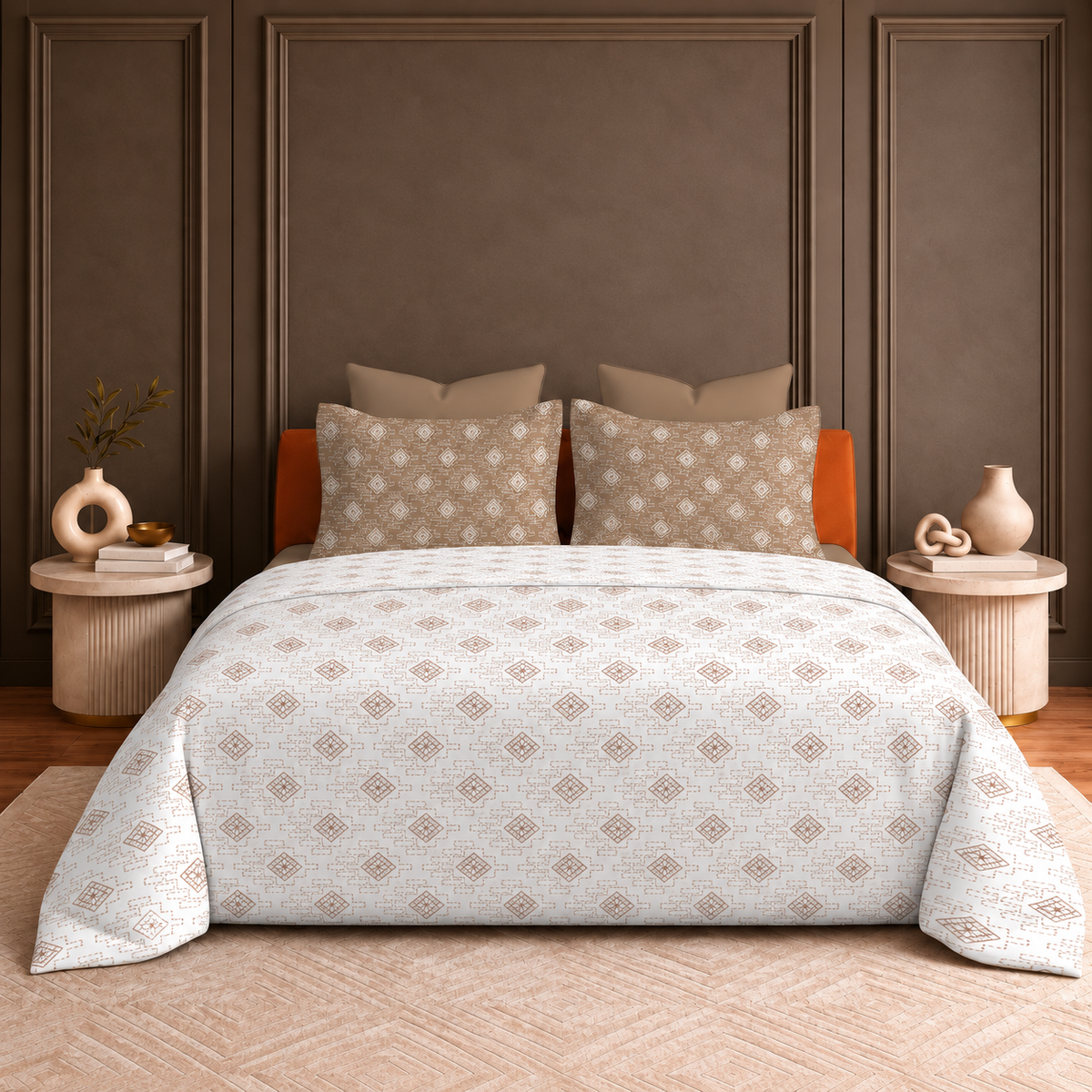 Hermitage Premium Ivory & Beige Geometric Printed Pure Cotton King Size Bedsheet Set