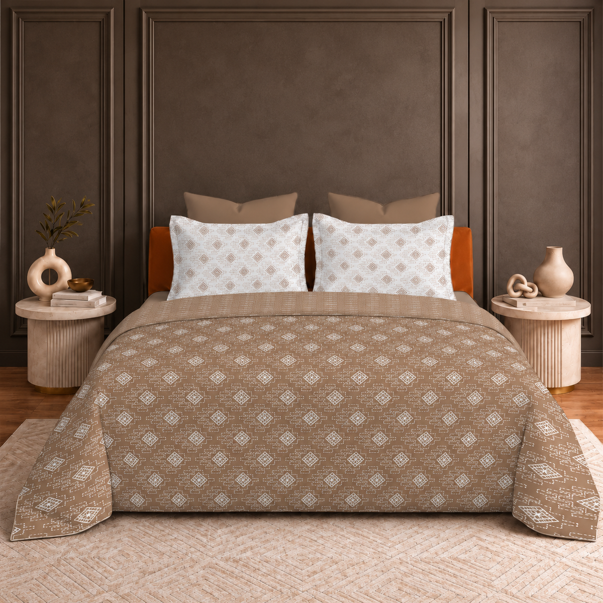 Hermitage Premium Taupe & Ivory Geometric Printed Pure Cotton King Size Bedsheet Set