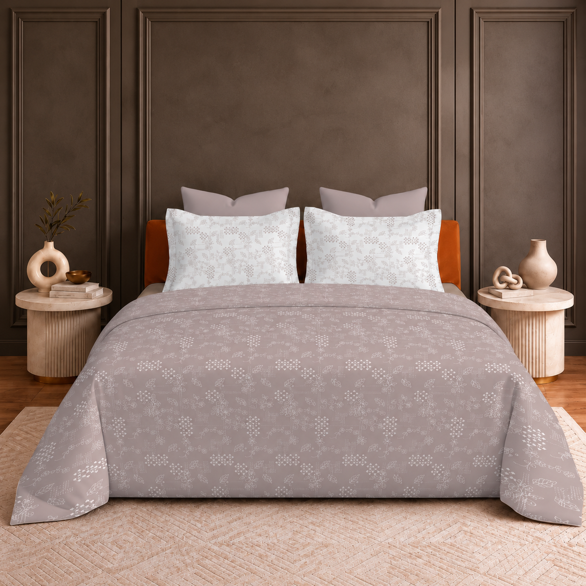 Hermitage Premium Dusty Mauve & Ivory Floral Printed Pure Cotton King Size Bedsheet Set