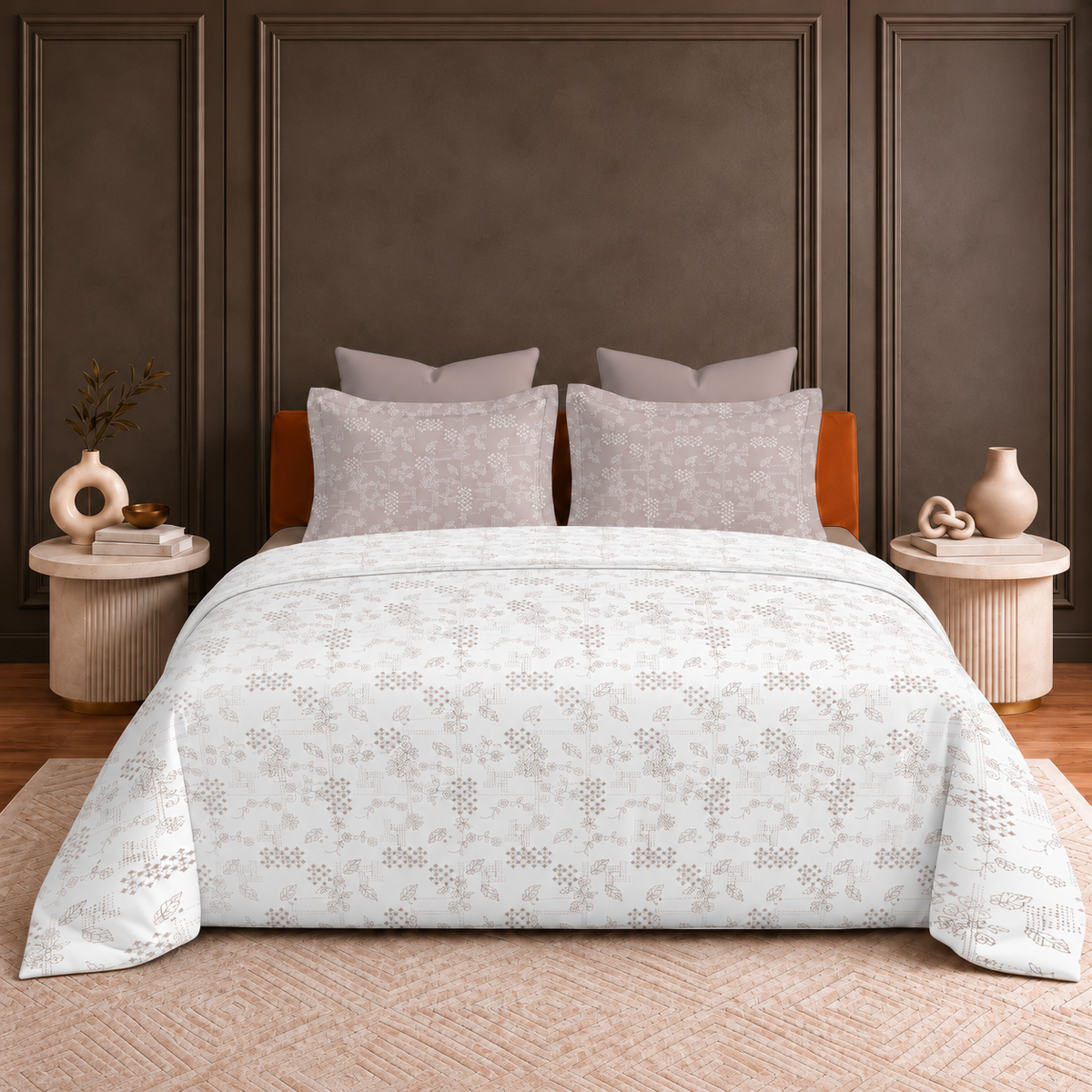 Hermitage Premium Ivory & Beige Floral Printed Pure Cotton King Size Bedsheet Set