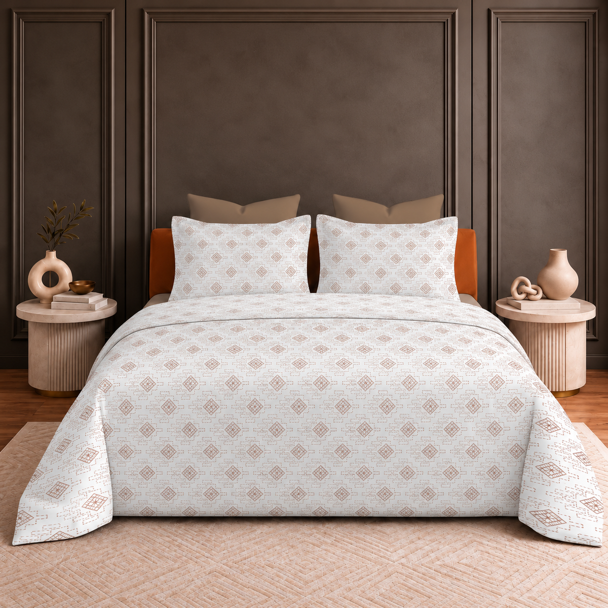 Hermitage Premium Ivory & Beige Geometric Printed Pure Cotton King Size Bedsheet Set