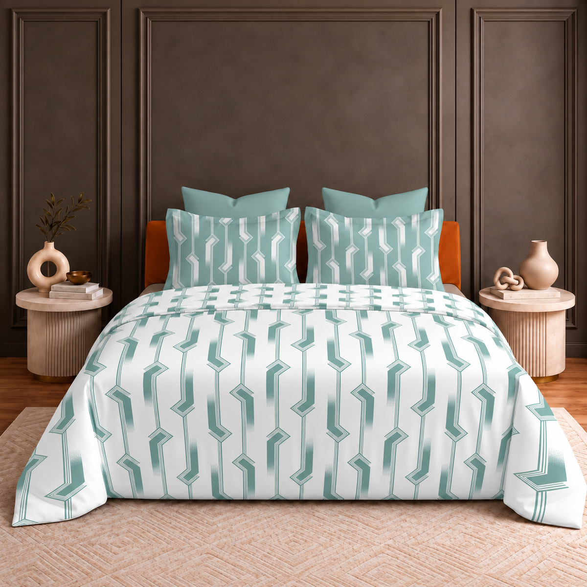 Hermitage Premium Aqua Blue & Ivory Geometric Printed Pure Cotton King Size Bedsheet Set