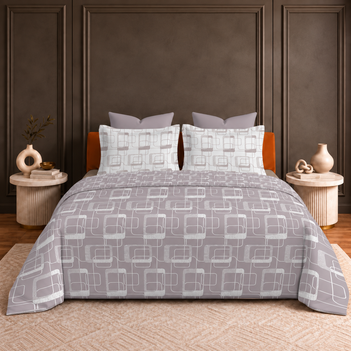 Hermitage Premium Lavender Grey & Ivory Geometric Printed Pure Cotton King Size Bedsheet Set