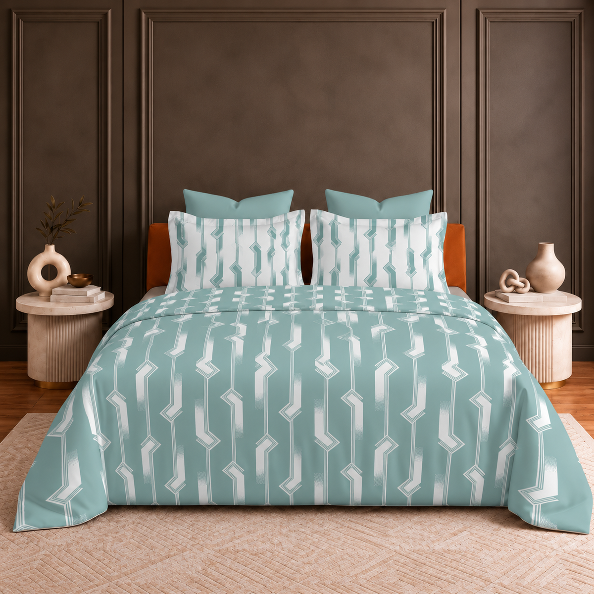 Hermitage Premium Aqua Blue & Ivory Geometric Printed Pure Cotton King Size Bedsheet Set