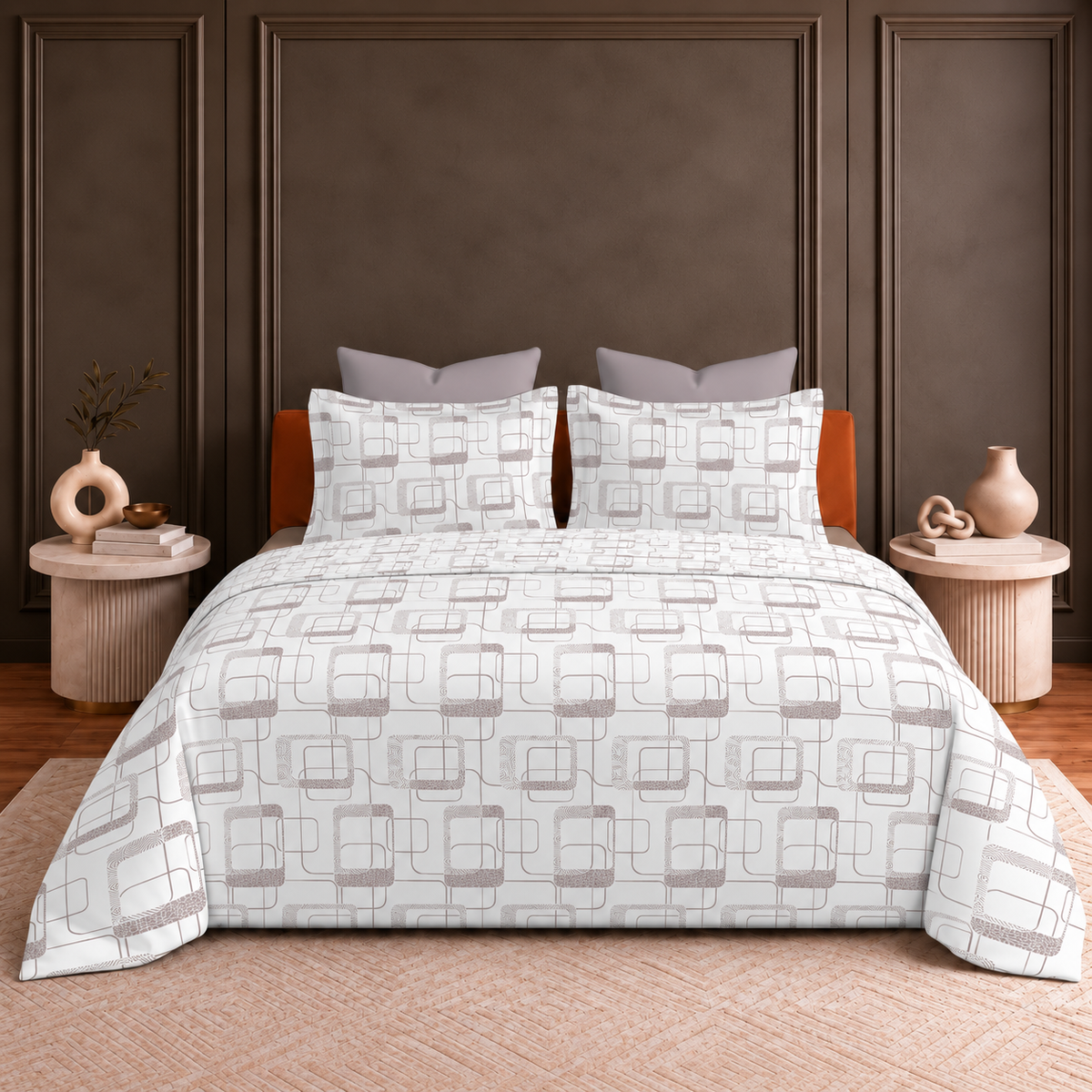 Hermitage Premium Ivory & Taupe Geometric Printed Pure Cotton King Size Bedsheet Set