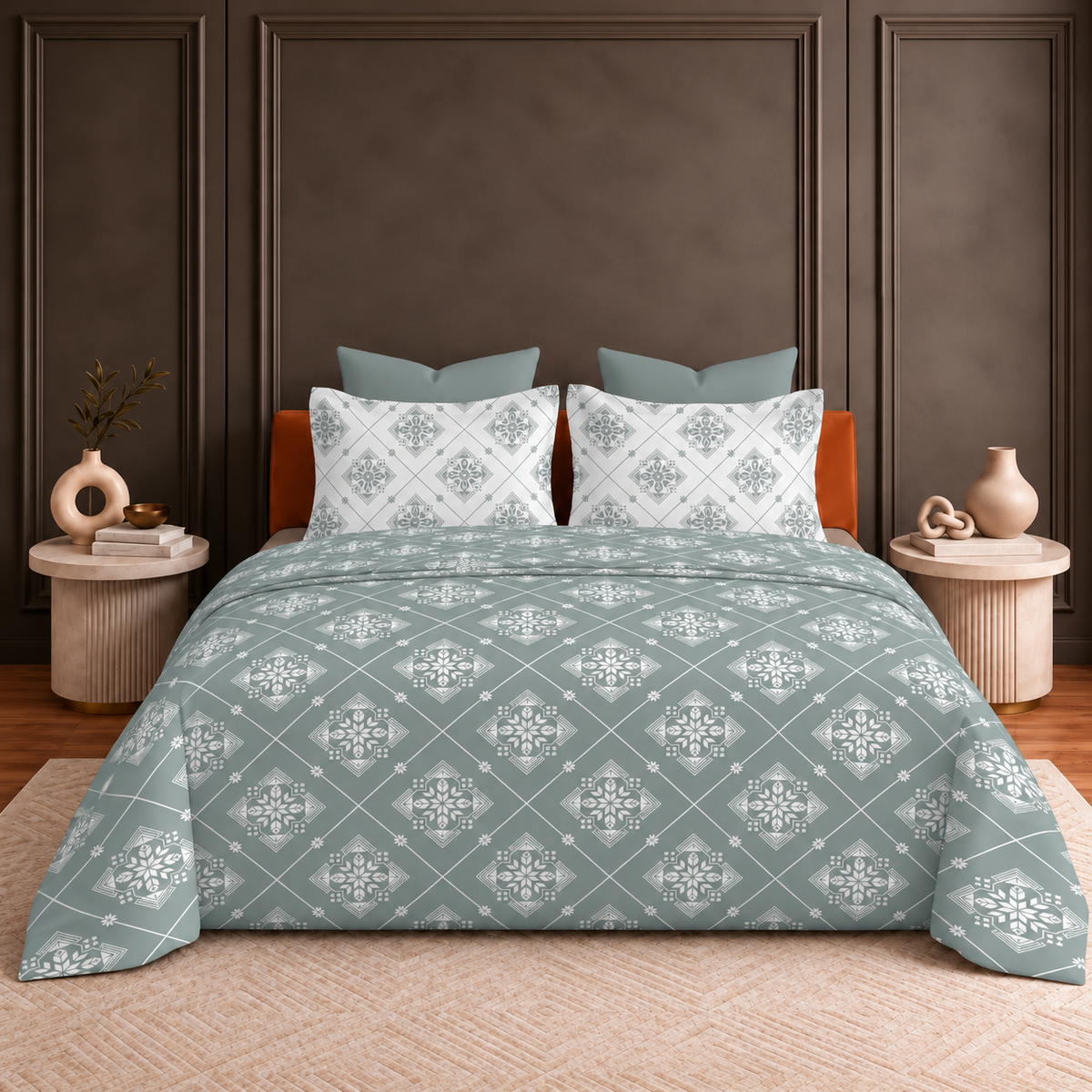 Hermitage Premium Sage Green & Ivory Geometric Floral Printed Pure Cotton King Size Bedsheet Set
