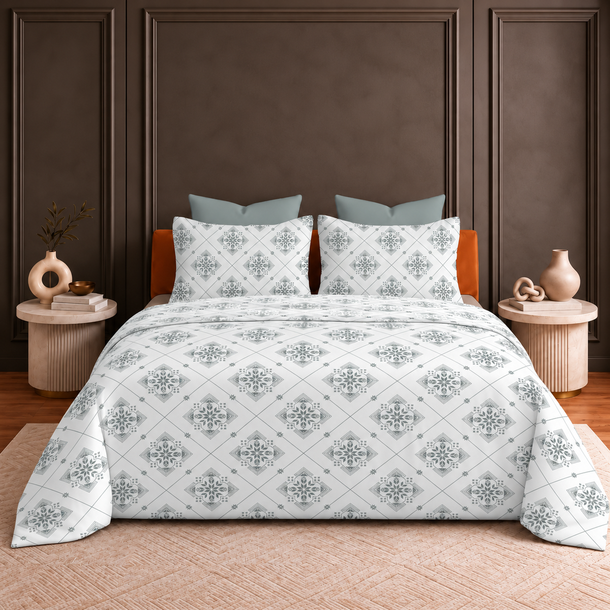 Hermitage Premium Ivory & Grey Floral Geometric Printed Pure Cotton King Size Bedsheet Set