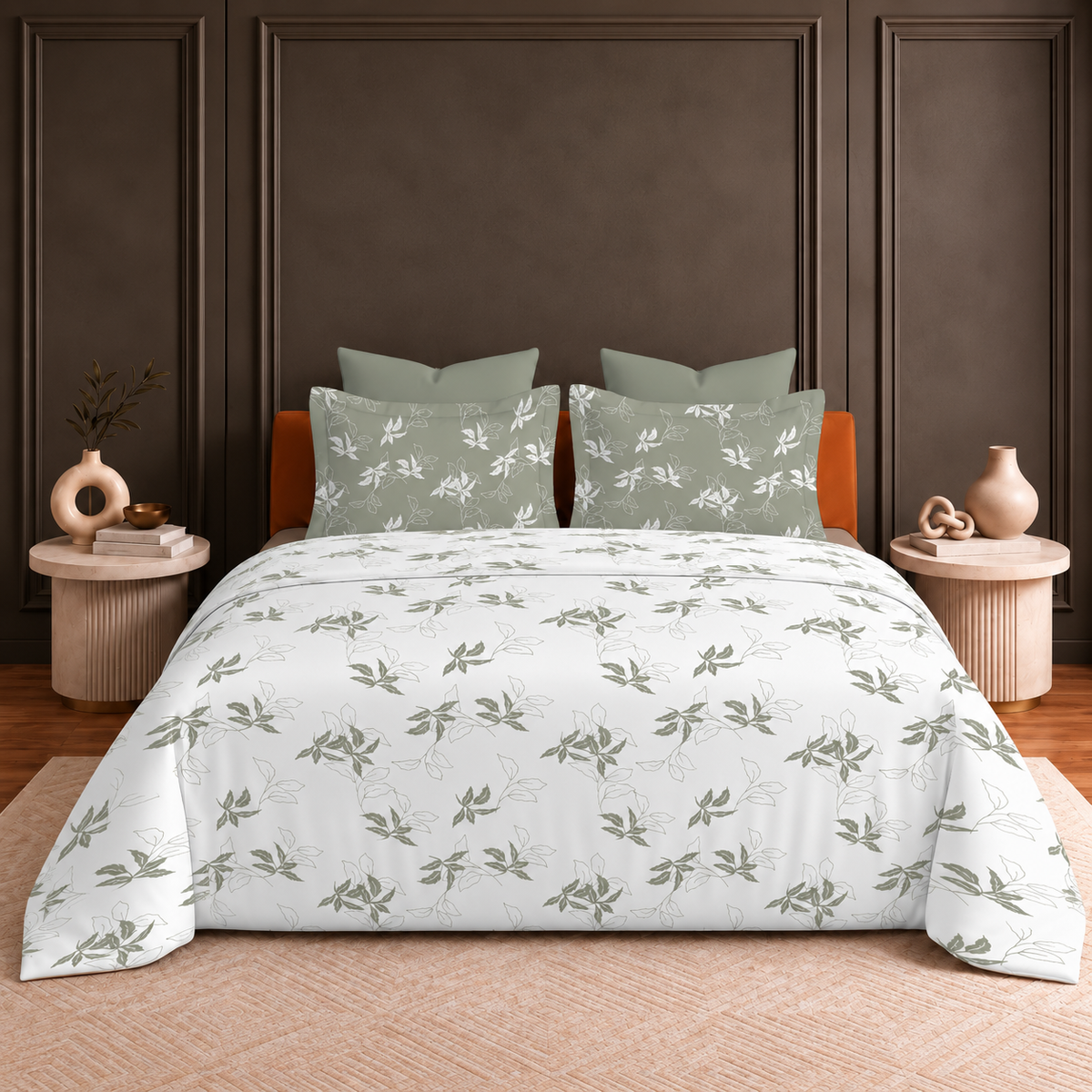 Hermitage Premium Sage Green & Ivory Botanical Floral Printed Pure Cotton King Size Bedsheet Set