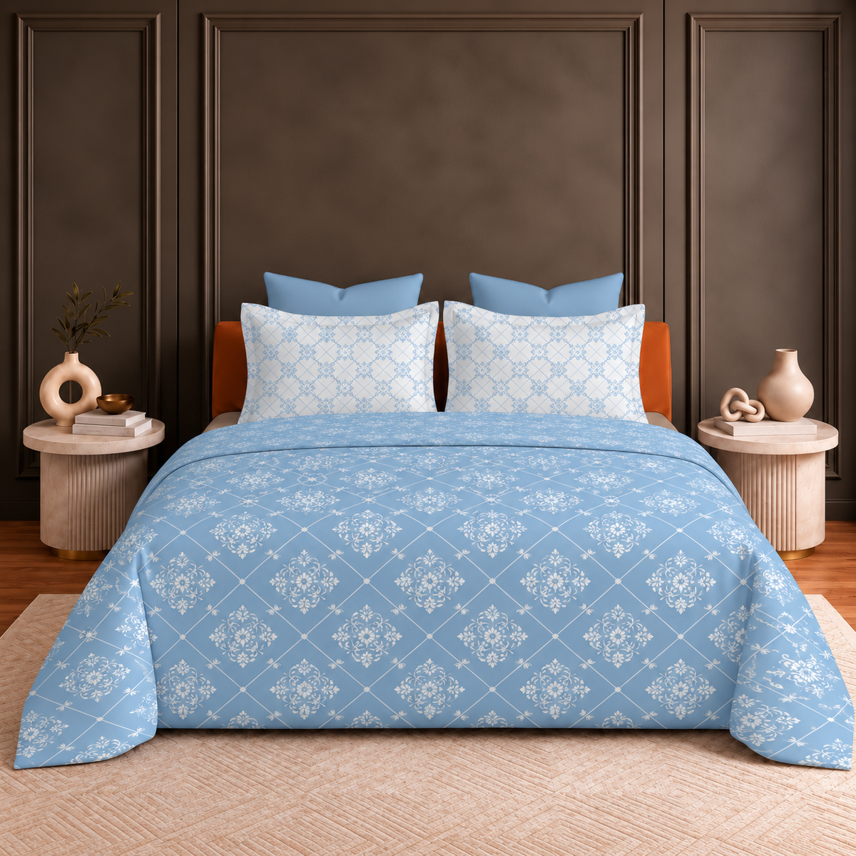 Hermitage Premium Powder Blue & Ivory Floral Geometric Printed Pure Cotton King Size Bedsheet Set