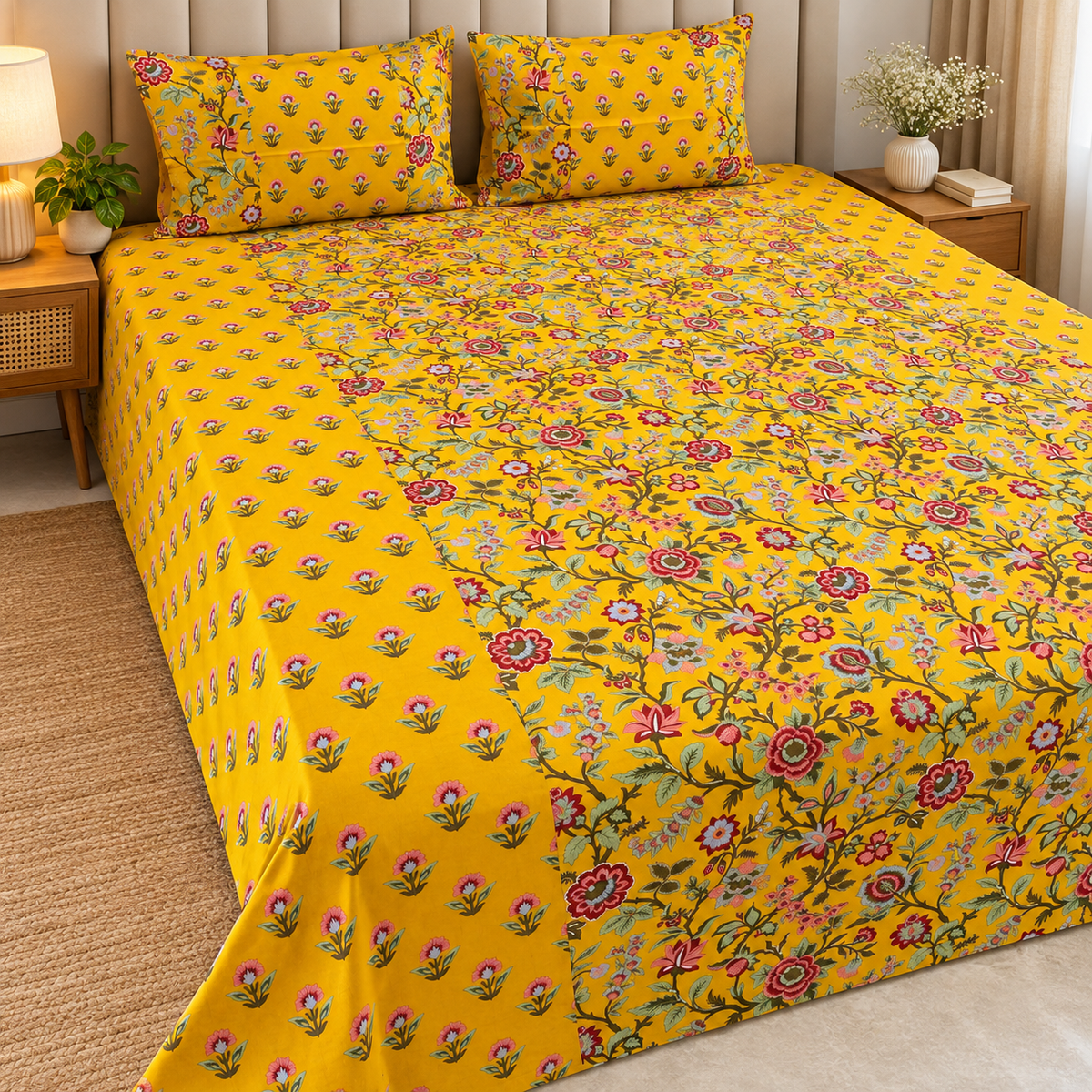 Ajrak Mustard Yellow Heritage Floral Printed King Size Bedsheet